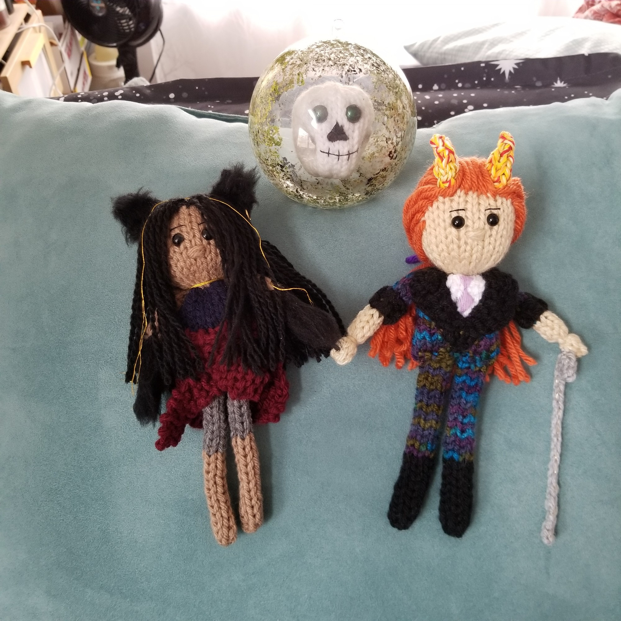 Three knit dolls of Yaretzi, Polly, and Mort. Detailed descriptions in solo photos.