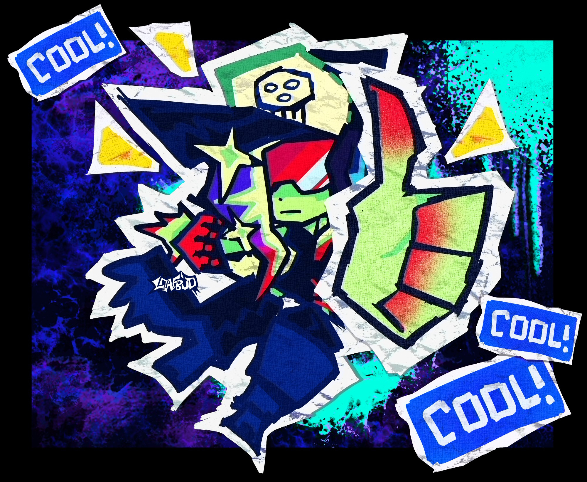 Stylized digital fanart of a chibi Dedf1sh/Acht (Splatoon) giving a thumbs up at the screen. The background is a grunge-texture in shades of deep blue, and there are three (3) blue square stickers that have "Cool!" written on them. Dedf1sh and the stickers are drawn as though they're crumpled paper cutouts!