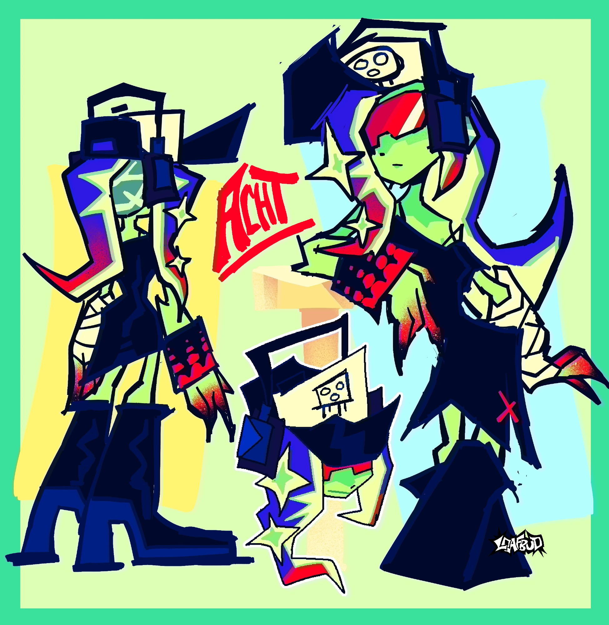 Stylized digital fanart of Dedf1sh/Acht (Splatoon); the background is soft light colors with a soft sea-green border.  There a back view of Acht standing on the left side (fullbody), an Acht on the right standing leaning an arm on a prop (fullbody), and an Acht at the bottom center of the picture (headshot/face).