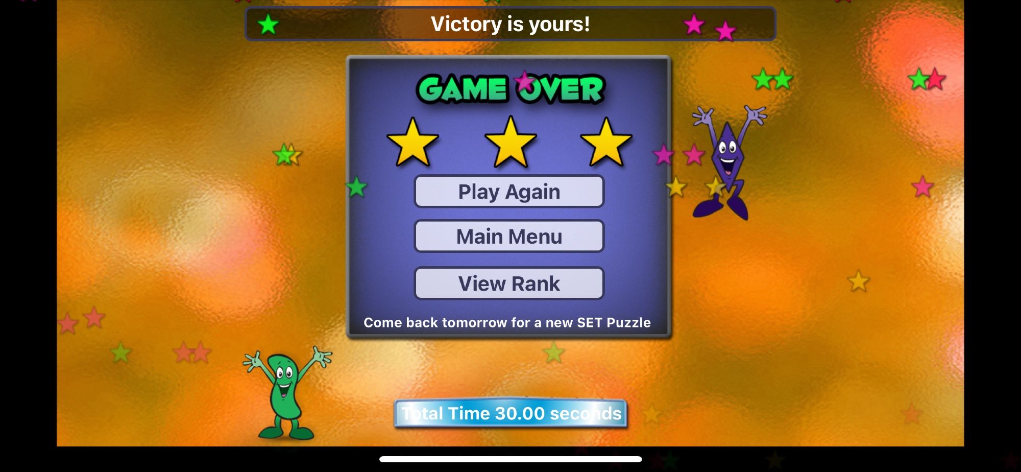 The Game Over screen for Set Daily Puzzle. The time says “30.00 seconds”. There’s 3 stars. Victory is mine.