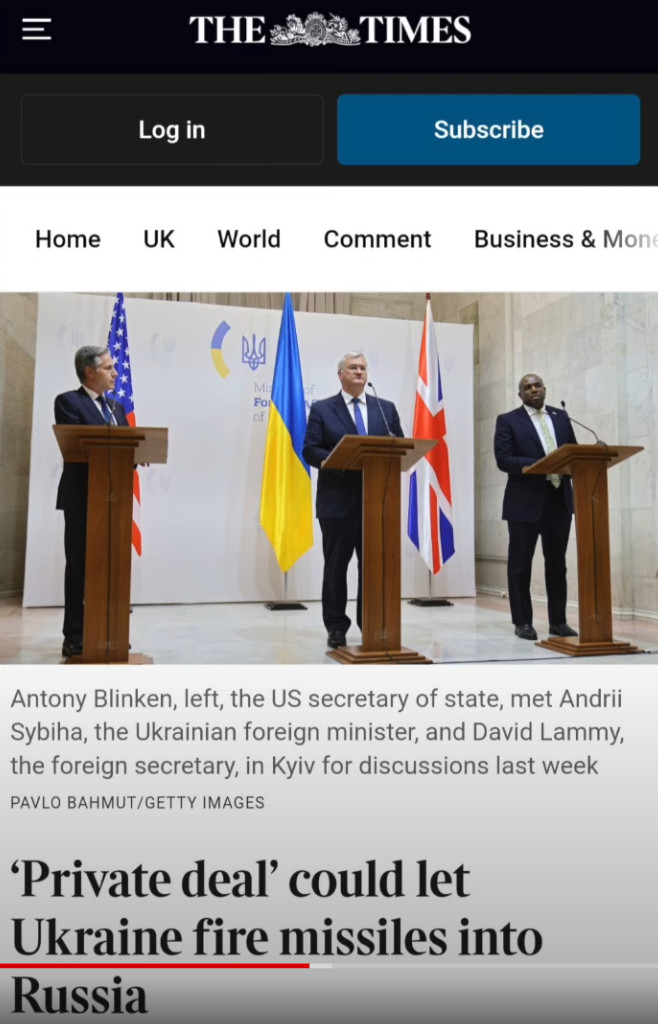 |||
THE
TIMES

Antony Blinken, left, the US secretary of state, met Andrii Sybiha, the Ukrainian foreign minister, and David Lammy, the foreign secretary, in Kyiv for discussions last week
PAVLO BAHMUT/GETTY IMAGES
'Private deal' could let
Ukraine fire missiles into
Russia