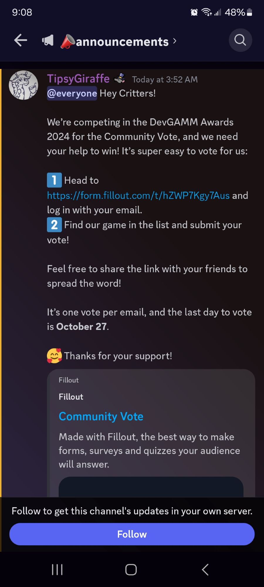 Screenshot from discord by the Critter Cove Dev TipsyGiraffe, detailing the small info about the DevGAMM contest!