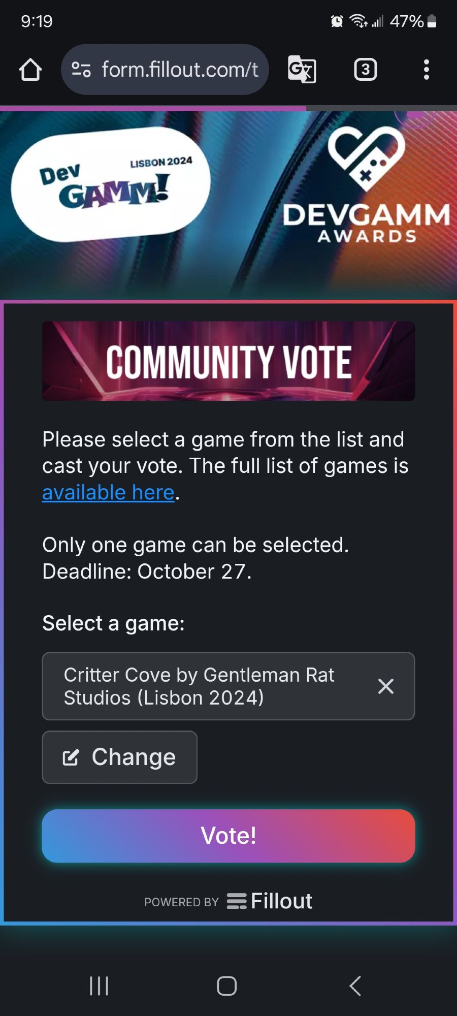 Screenshot of the voting page from DevGAMM showing the voting layout, with my vote for Critter Cove! 🐱🦊🐰