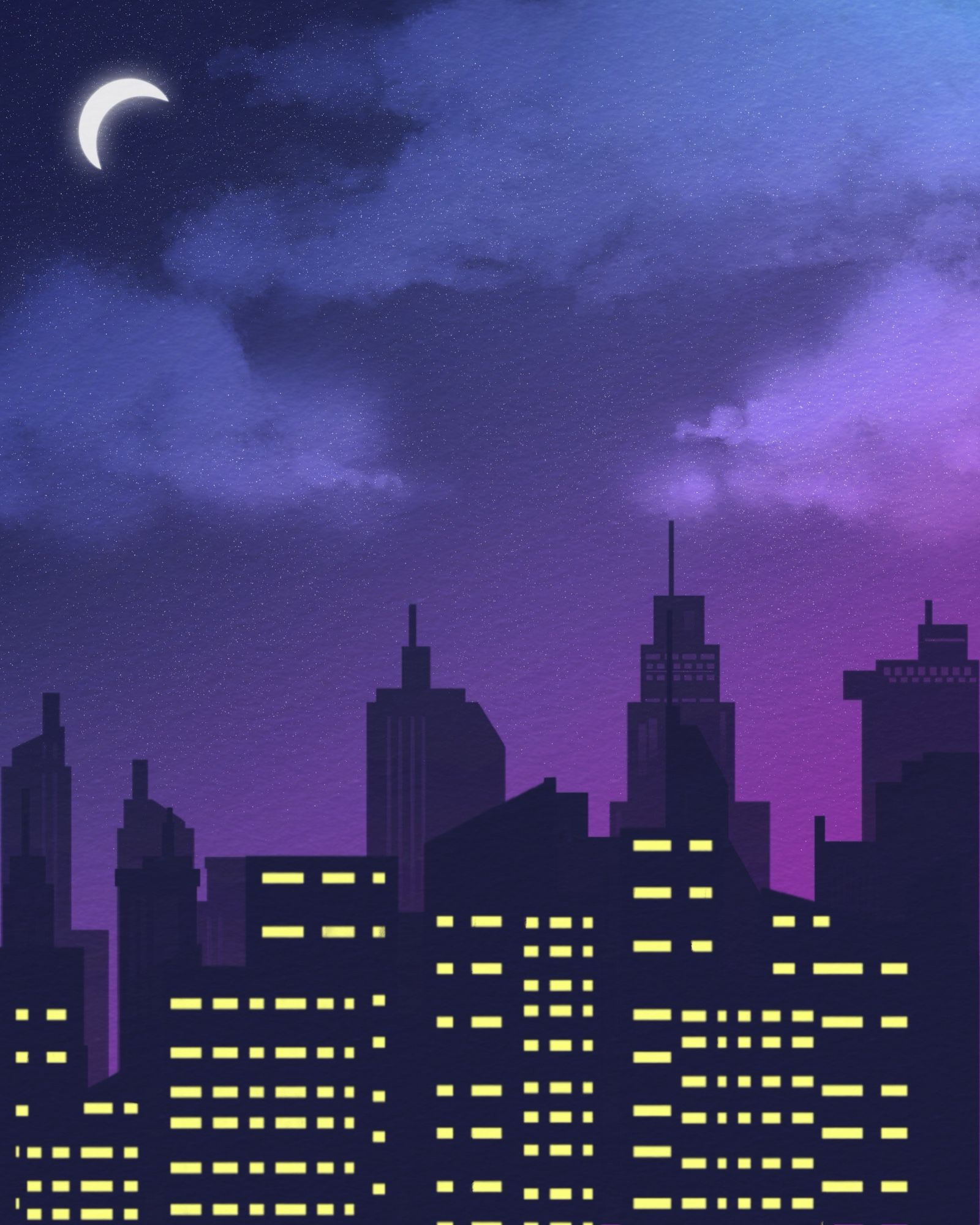 A city skyline painted on a blue and pink gradient background, there are yellow lights in the buildings in the foreground
There is a crescent moon in the corner of the sky surrounded by translucent clouds