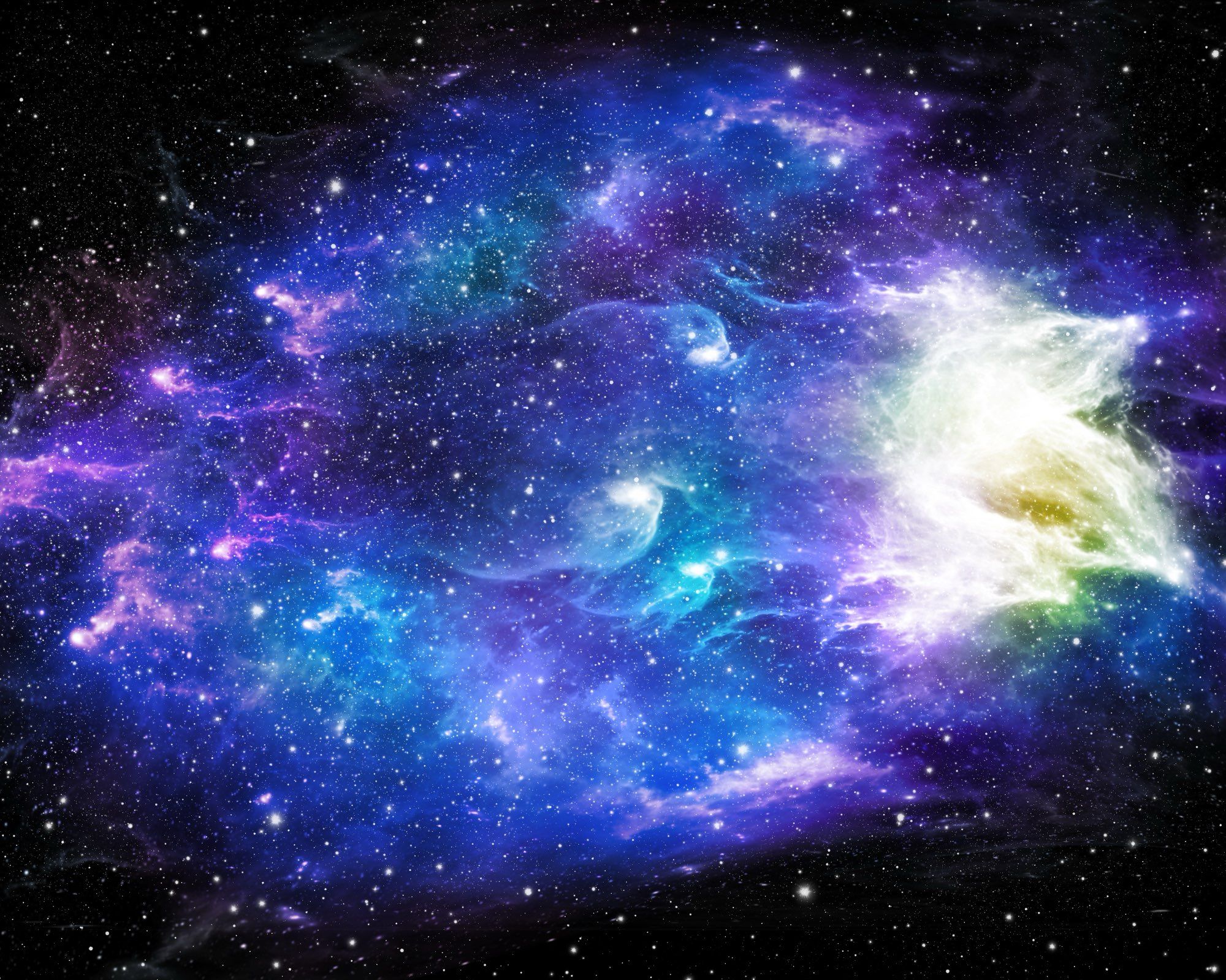 A digital painting of a nebula with blues, purples, pinks, yellows and greens.
There are many white stars scattered across the canvas of various brightnesses and sizes