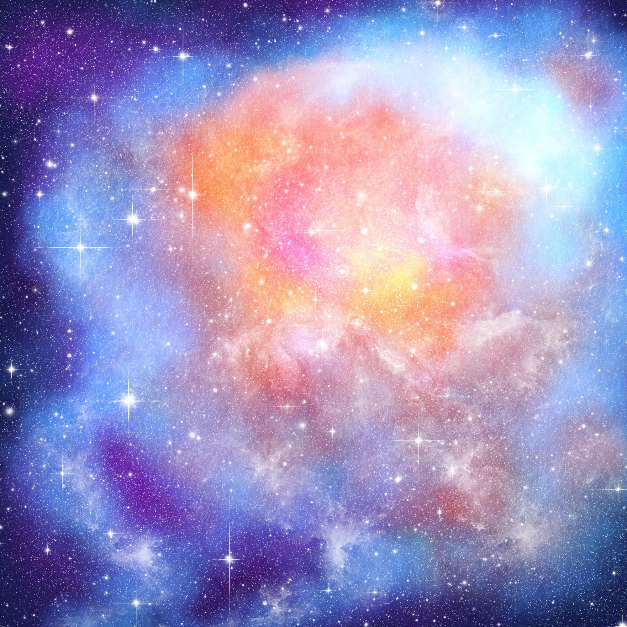 A watercolour nebula with blues purples oranges and pinks