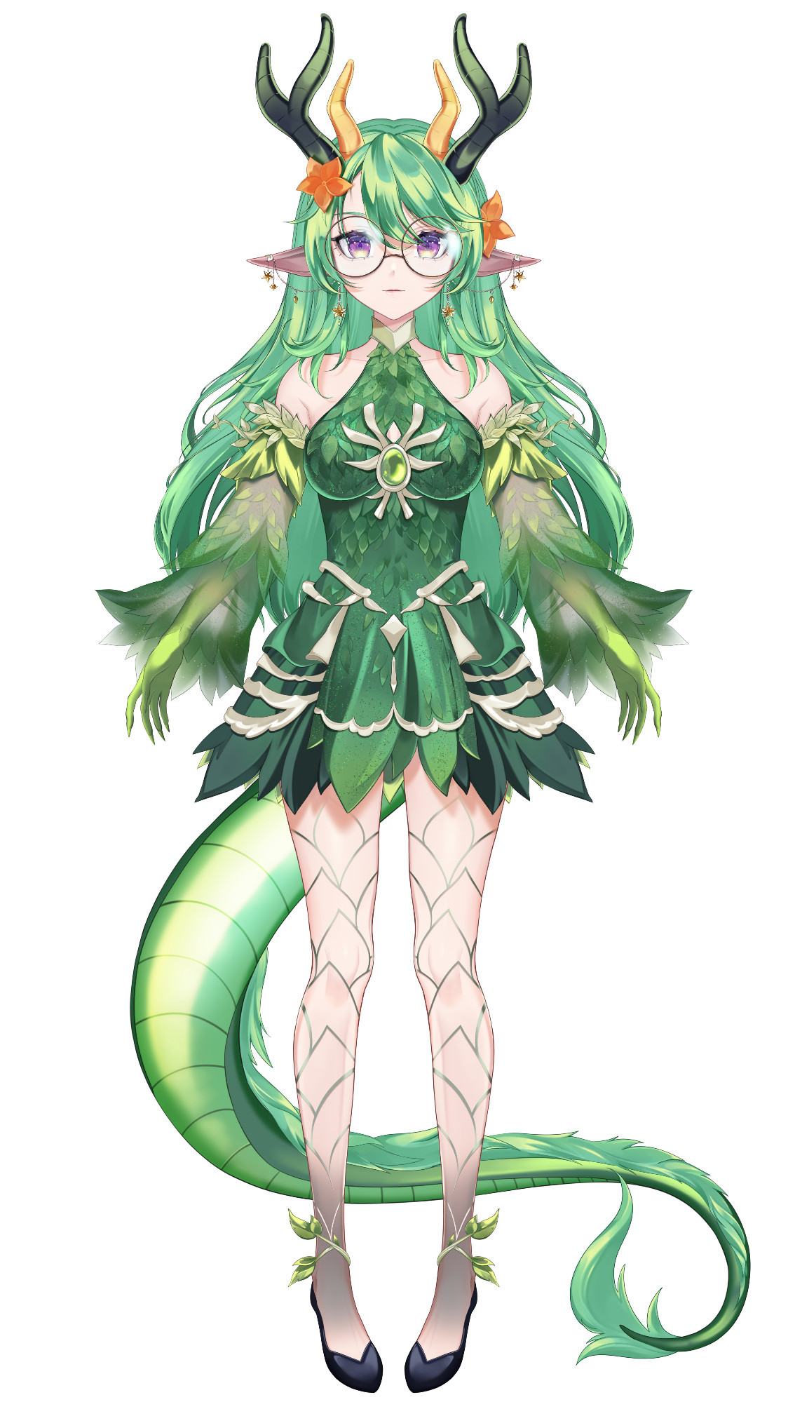 A vtuber model with four horns green hair a long dragon tail with hair on the tip and back. She has scale stockings and shoes with leaves around the straps. She's wearing a short green dress that flares out and is covered in a leaf texture. She has elf ears with dangly flower earrings matching the flowers in her hair