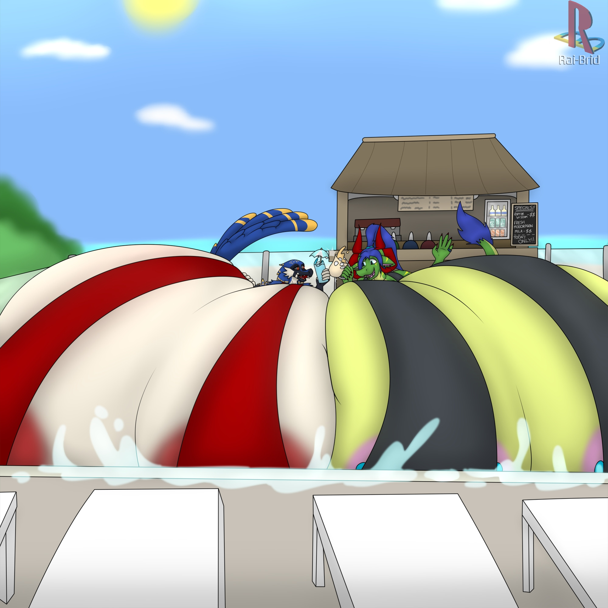 Hex (left, She/her) & Rai (right, they/them) are filling a hotel pool in it's entirety with their huge, hyper breasts clad in similar swimwear clinking drinks together in a 'cheers!'. Water splashes out towards the viewer from the pool overflow from all the boob filling it. A poolside bar is behind the pair displaying various menu options for drinks.