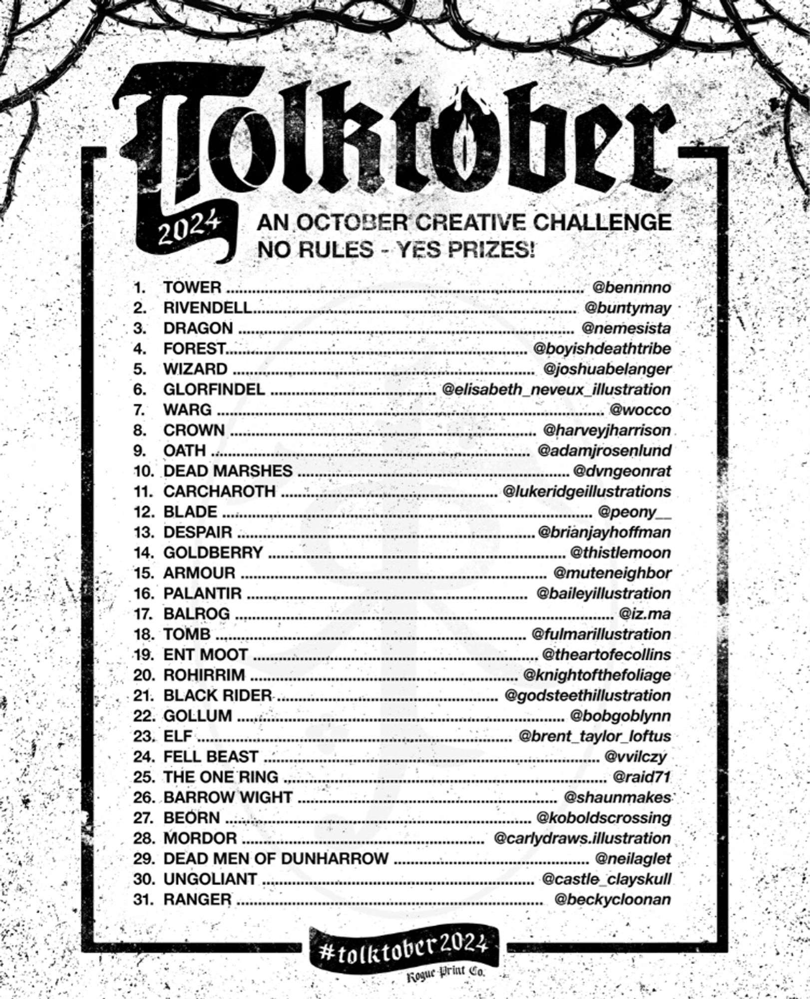 The Tolktober 2024 list. 31 creators from across the country coming together to produce the best Lord of the Rings art possible ⚔️