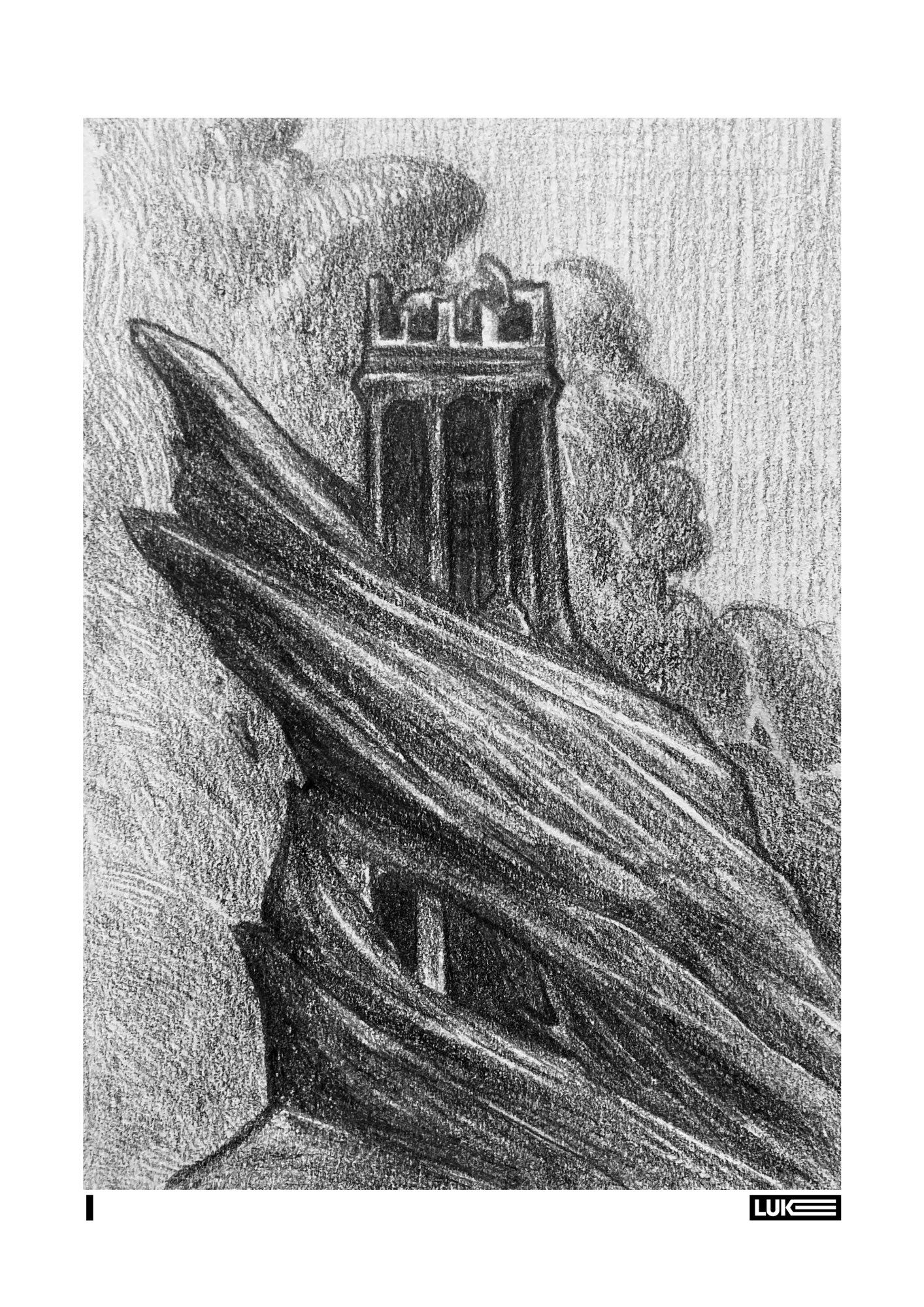 A tower rises from the mountains, stone and cloud wrap around its ancient walls. Black and white pencil illustration.