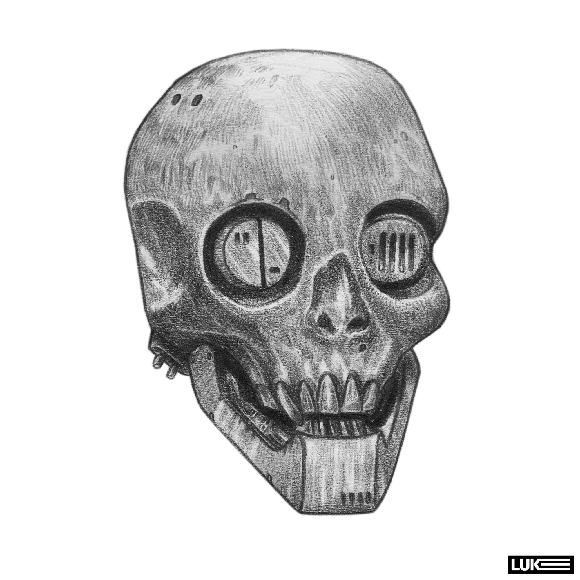 A human skull, adapted and changed to incorporate various mechanical parts in a vain attempt to sustain human life