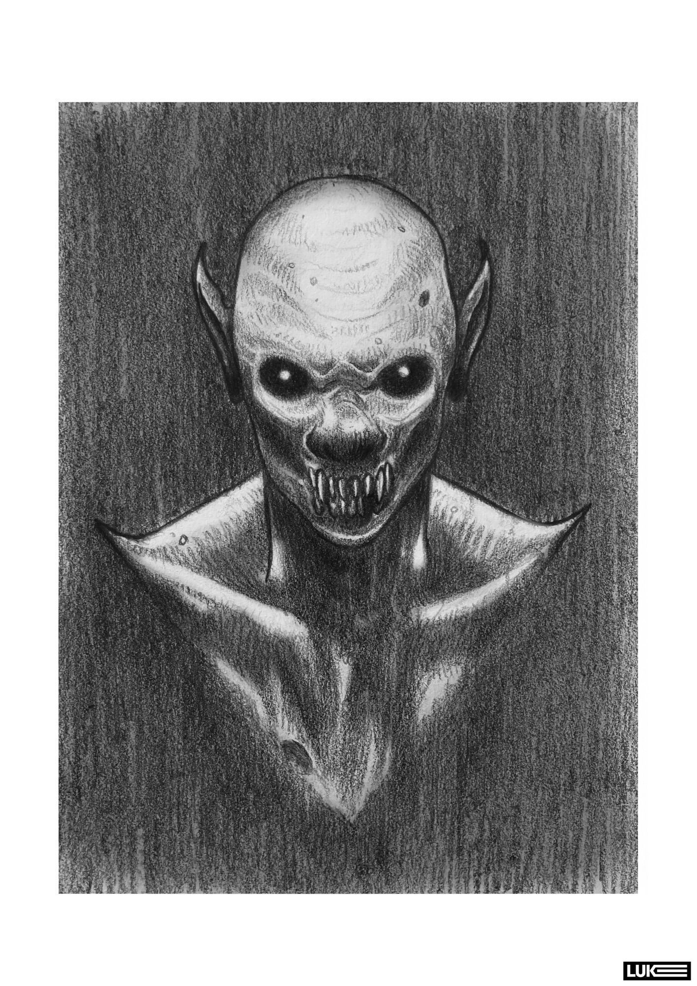 Portrait,  black and white, pencil illustration. A creature of the dark. Vampire, in between human and bat. Long, pointed ears flank a hairless head. It’s eyes, deep and sunken. It bares a mouth of needle like teeth. Strong and lean. It’s not to be messed with.