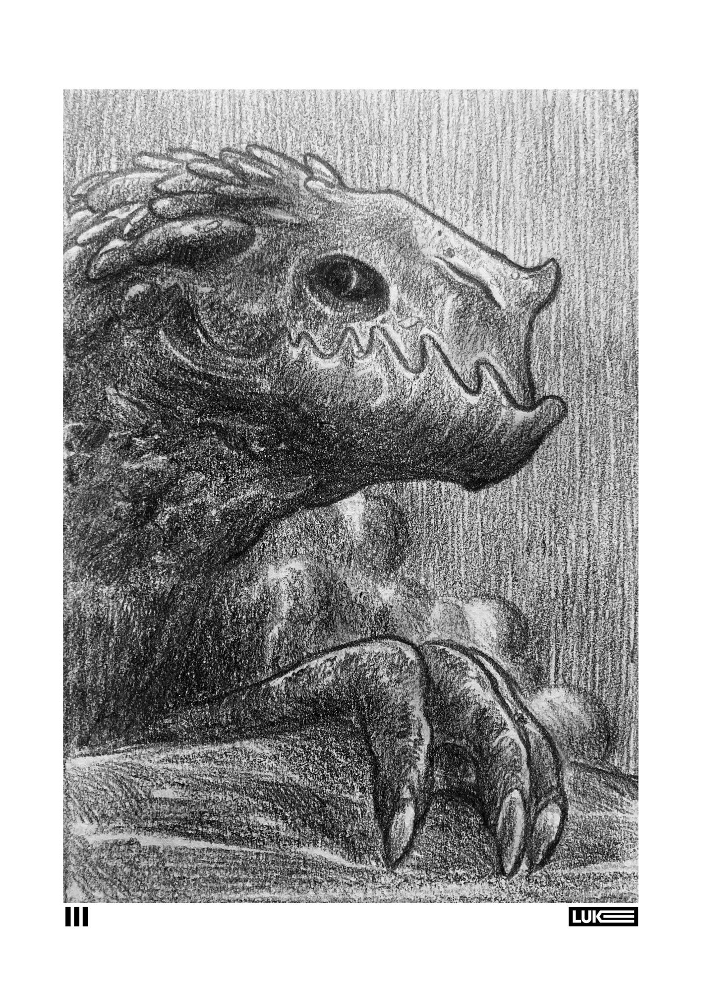 A square nosed Dragon sits on a cliff side. The clouds roll past as he contemplates his surroundings. Portrait, black and white graphite pencil.