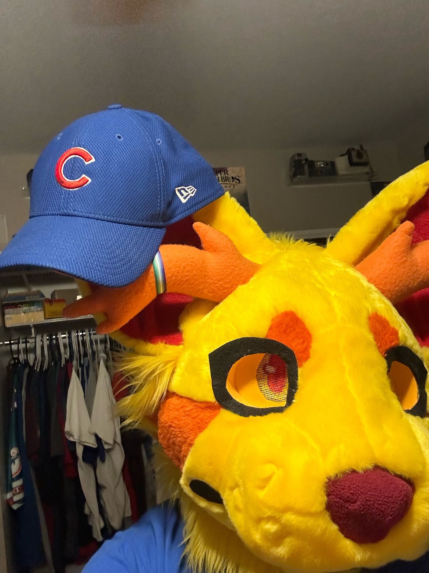 Me in my fursuit wearing a Chicago Cubs baseball cap hanging on my right ear.