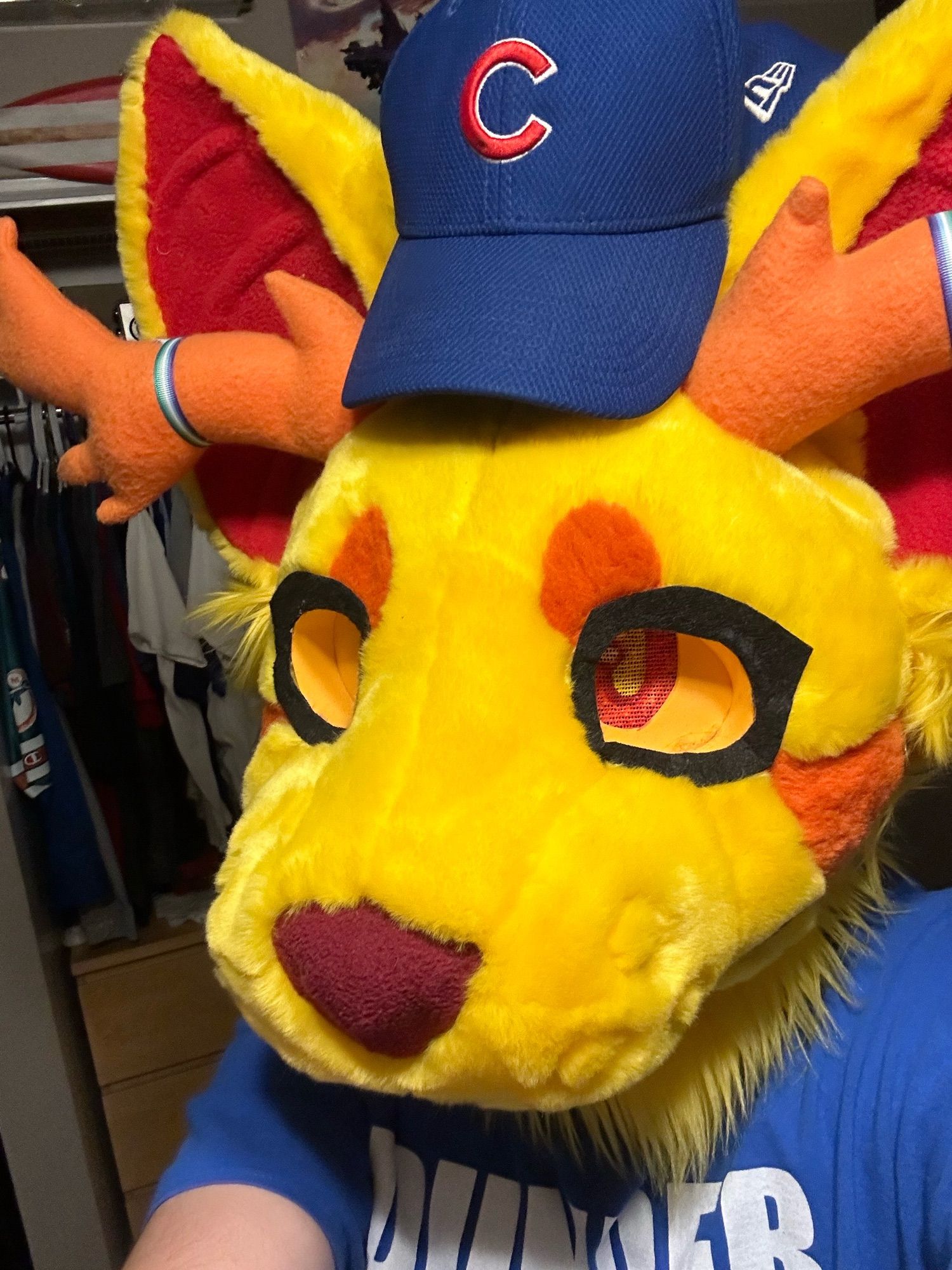 Me in my fursuit wearing a Chicago Cubs baseball cap on top of his head in between his big ears. Tbh it was hard to keep on