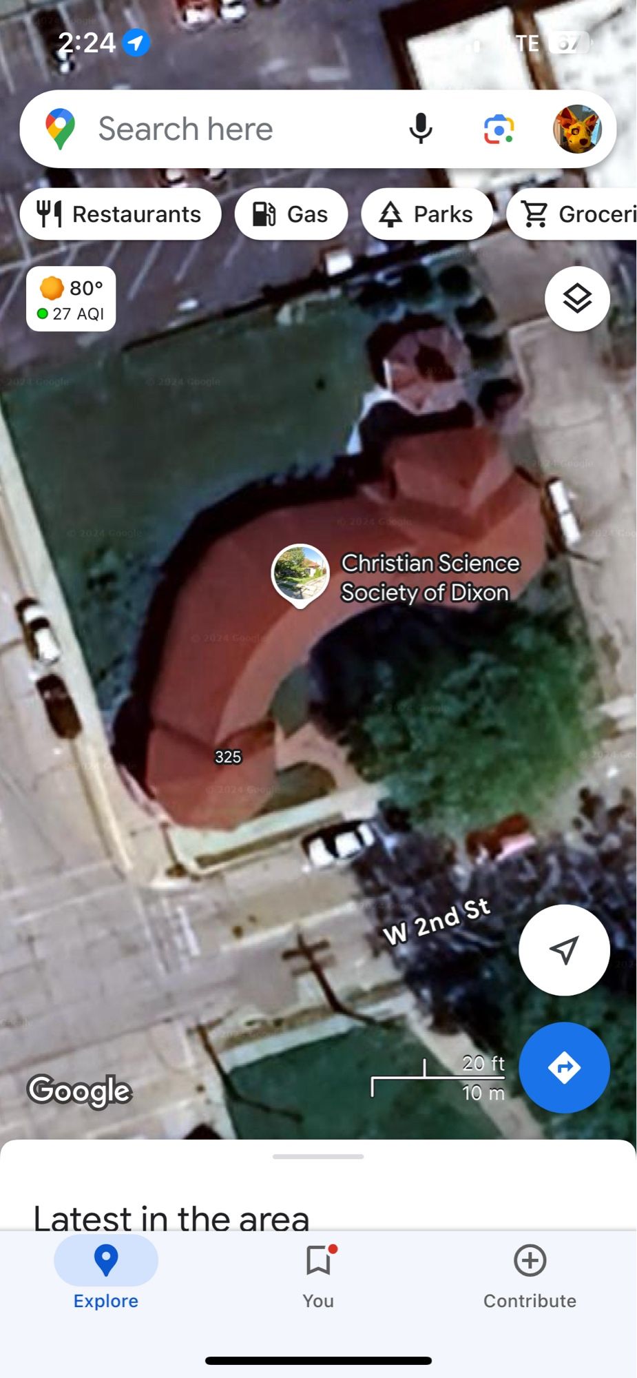 The google satellite view of a church in Dixon, Illinois