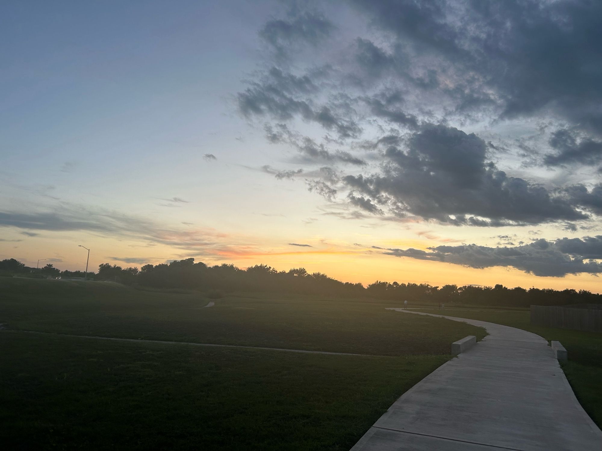 A picture of my walk. A long grey sidewalk stretches through green grass. In the distance there are trees and a big burst of orange as the last of the sun falls behind the horizon. some clouds seem to hug the lines of the sun while others just linger grey overhead