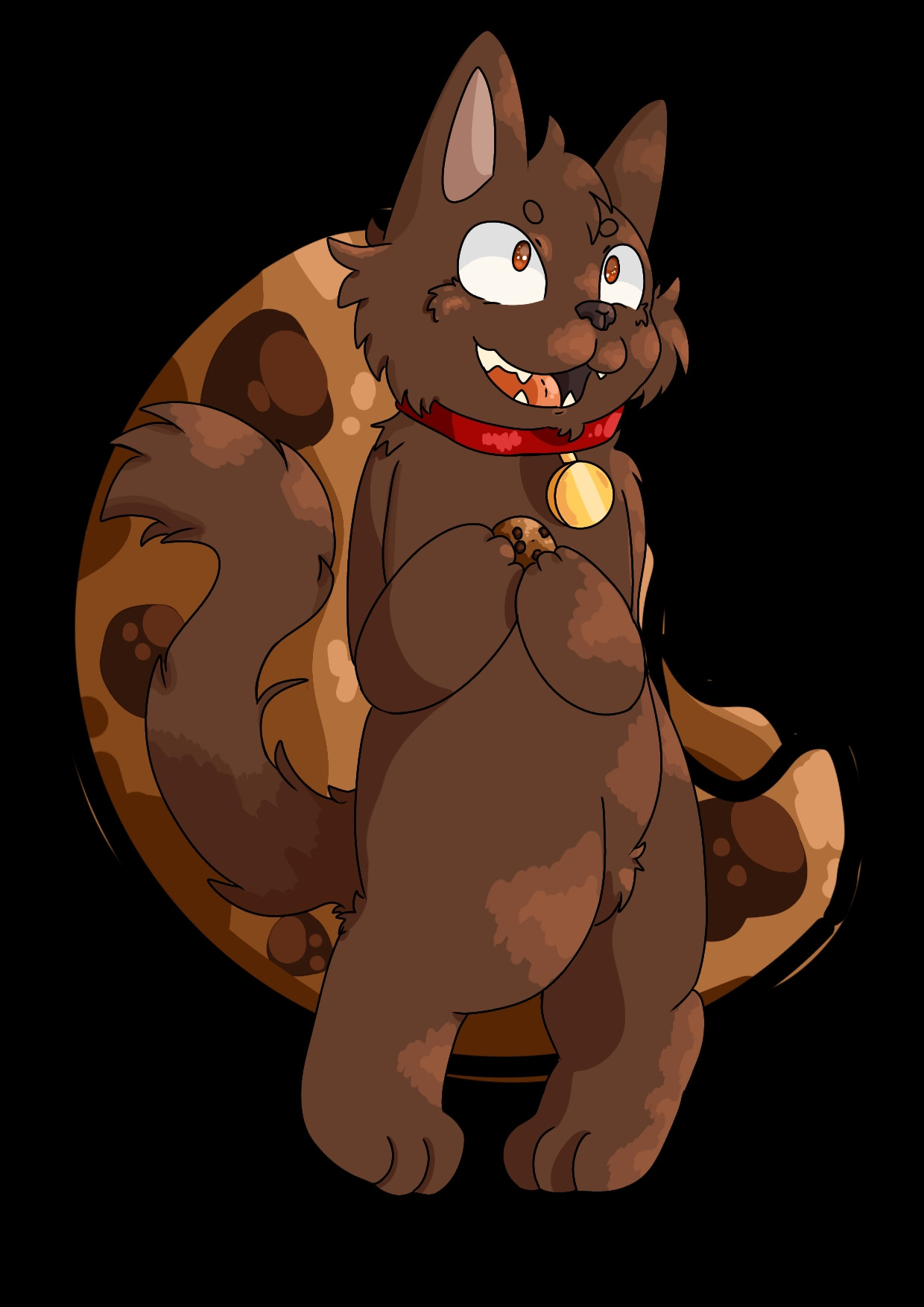 A brown cat-like wolf with a red collar that has a golden badge for the name. It holds a cookie between its paws. There's a huge cookie in the background.