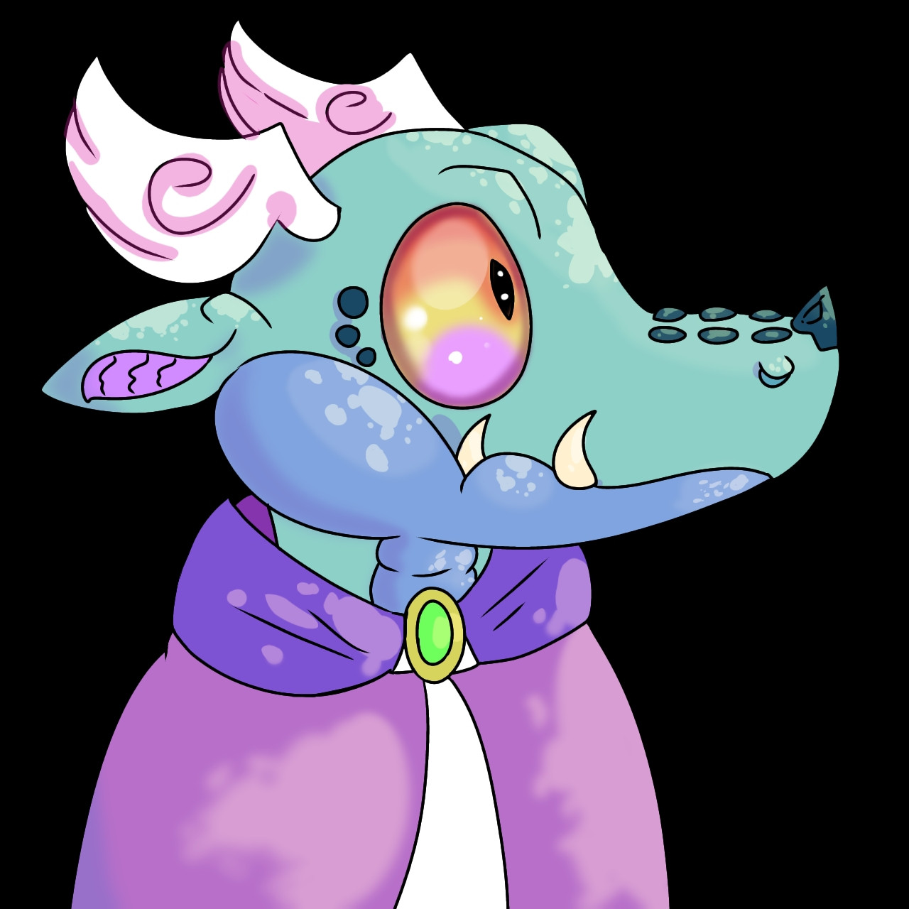 A blue kobold wearing a purple robe. Its eyes are purple, yellow and red. It has spikes along part of its muzzle and has a pair of small wings in its head.