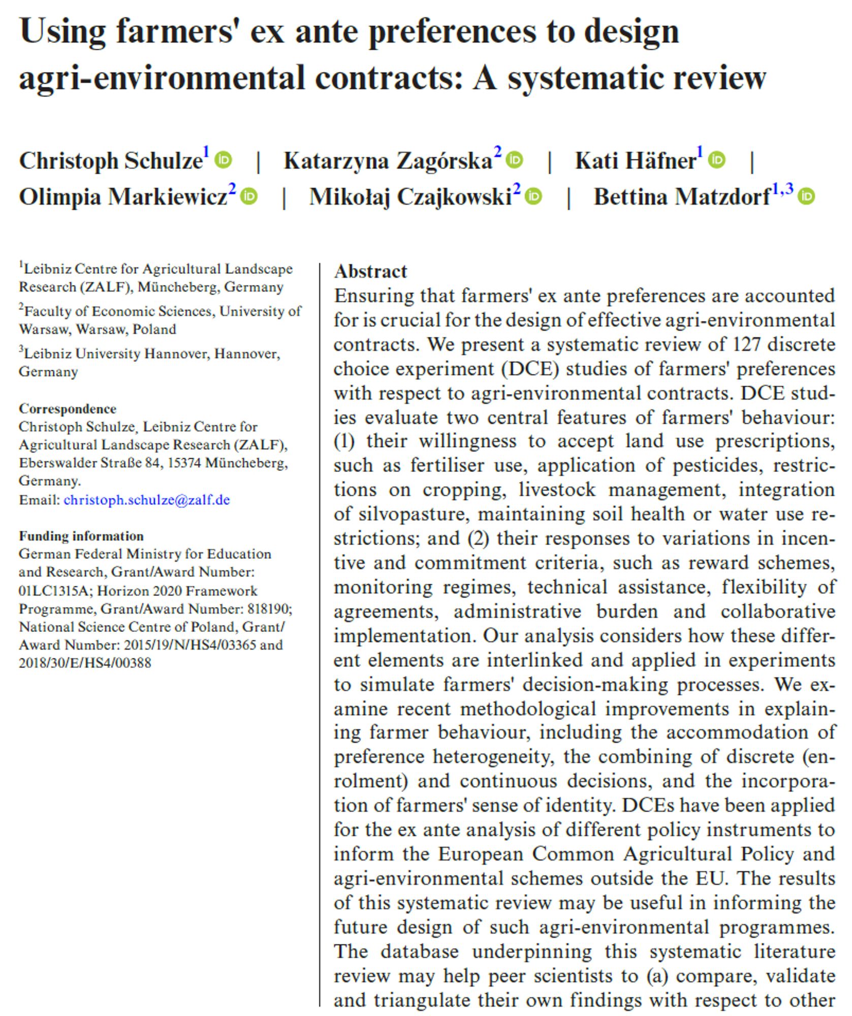 Screenshot of the article "Using farmers' ex ante preferences to design agri-environmental contracts: A systematic review"