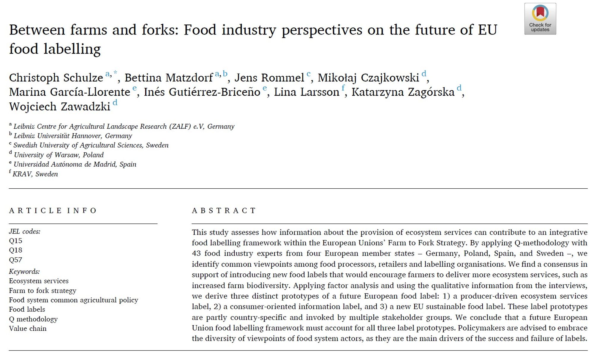 Abstract to the article: "Between farms and forks: food industry perspectives on the future of EU food labelling"