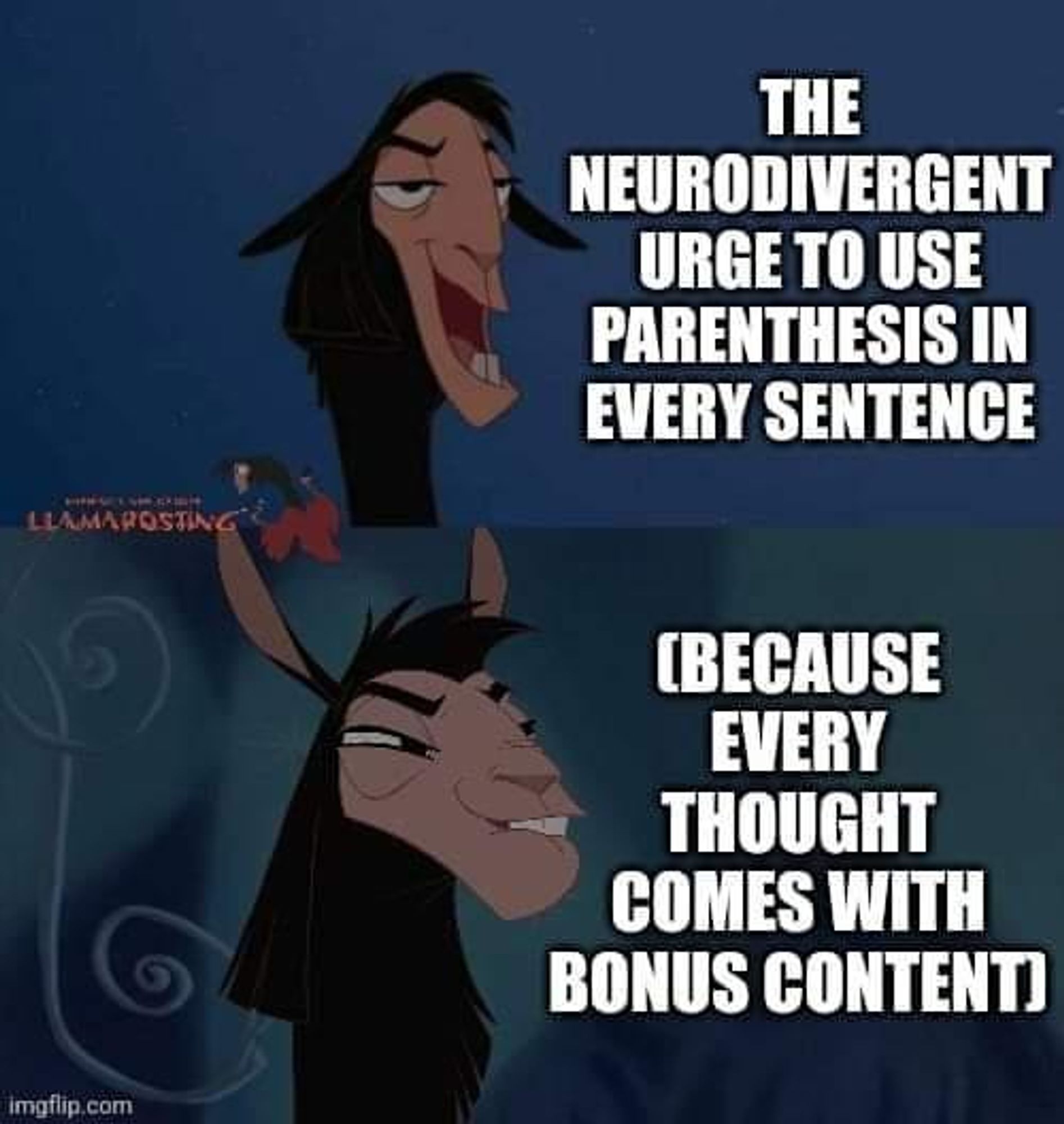 A picture of Kuzco as a Llama from the Emperor's New Groove. Top panel says, "The neurodivergent urge to use parenthesis in every single sentence." The bottom says "(because every thought comes with bonus content)"