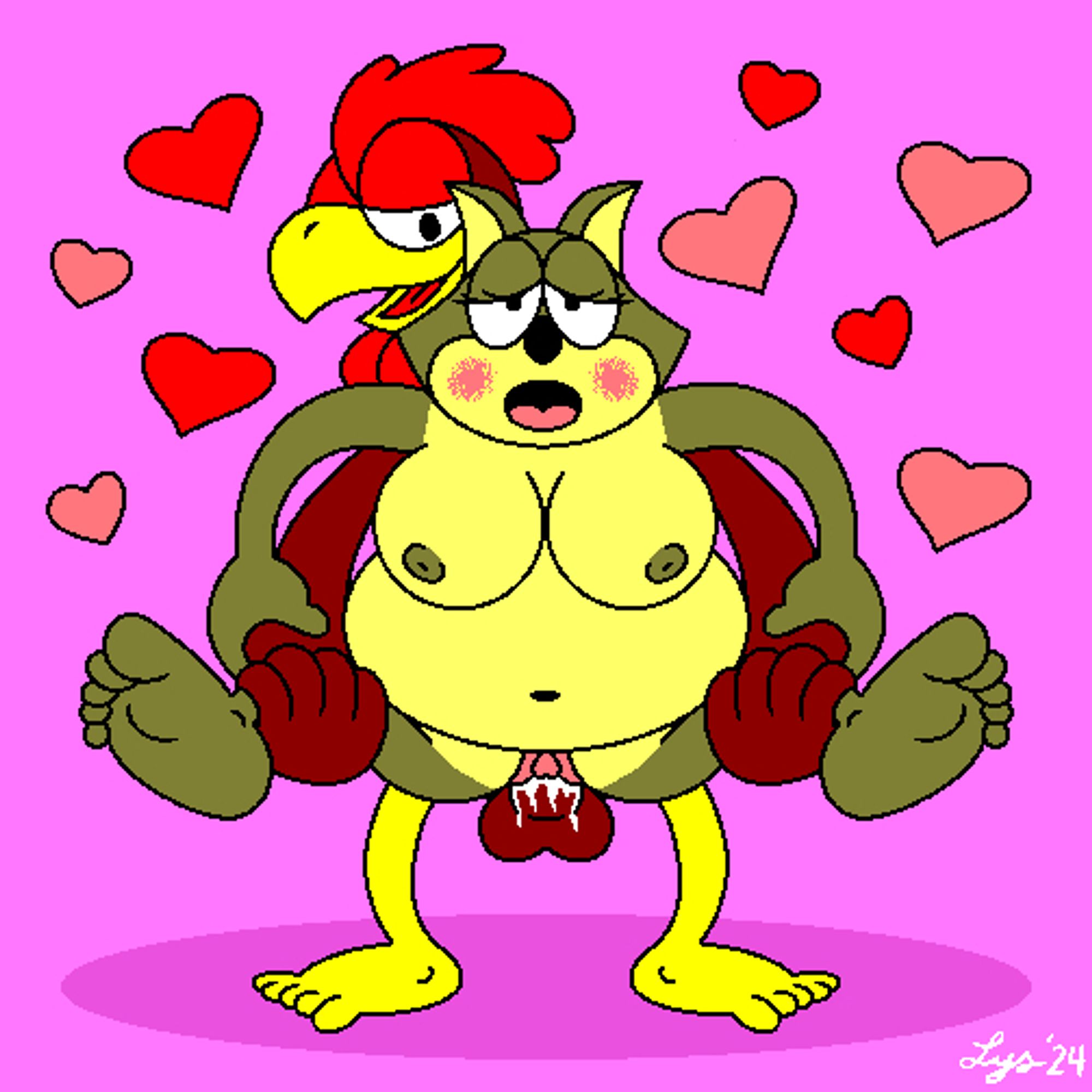 A rooster man goes balls deep and cums in a coyote woman's snatch. Heart shapes flutter around them as they make love.