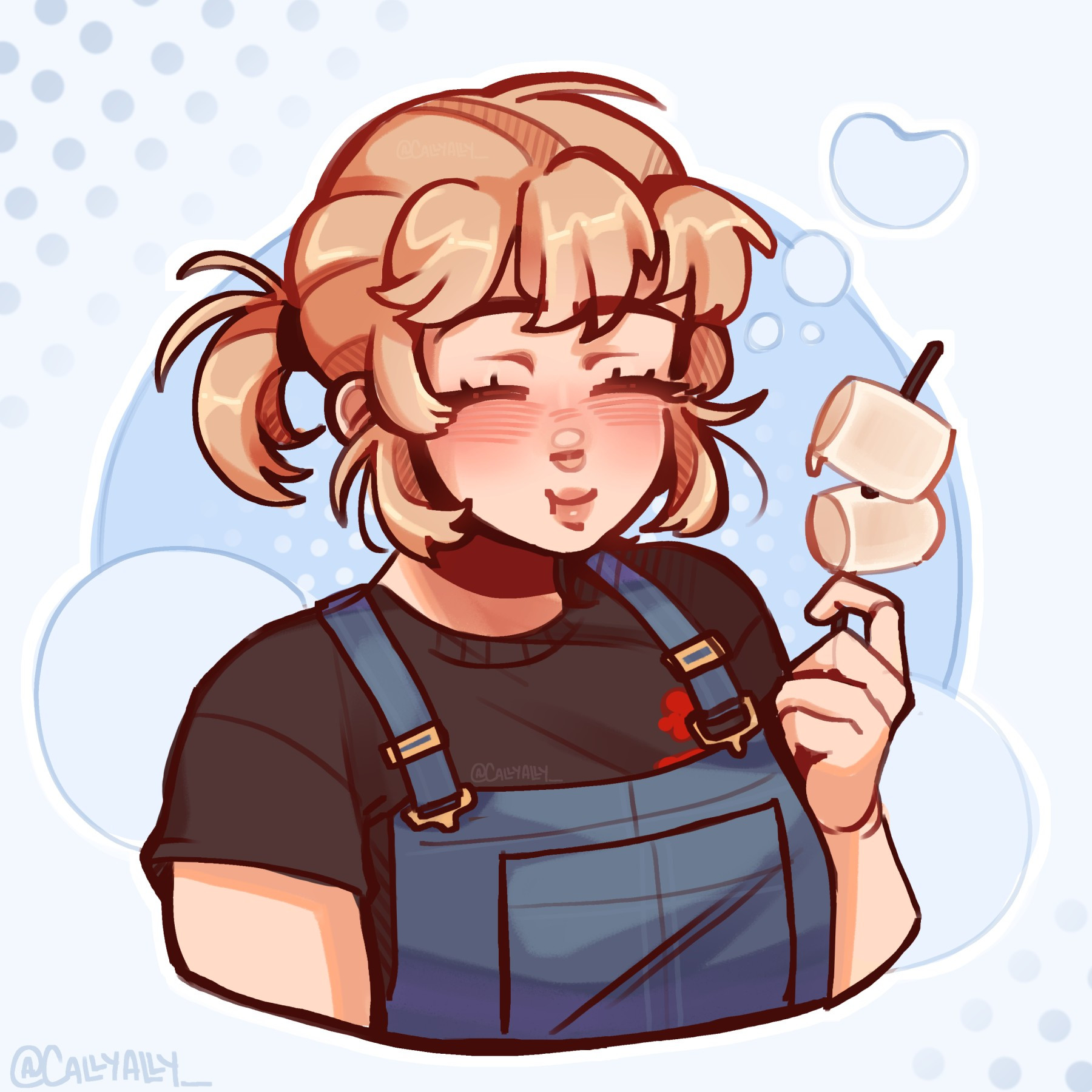 Dungeon Meshi character Falin in overalls eating roasted marshmallows on a stick