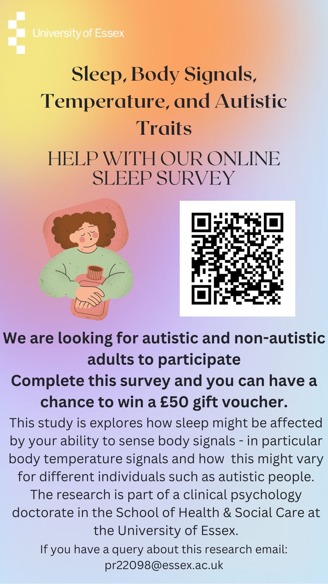 Research poster with image of person with a hot water bottle. QR code linking to survey. Text in image research is exploring how body temperature and body signals might affect sleep for individuals, including autistic people.