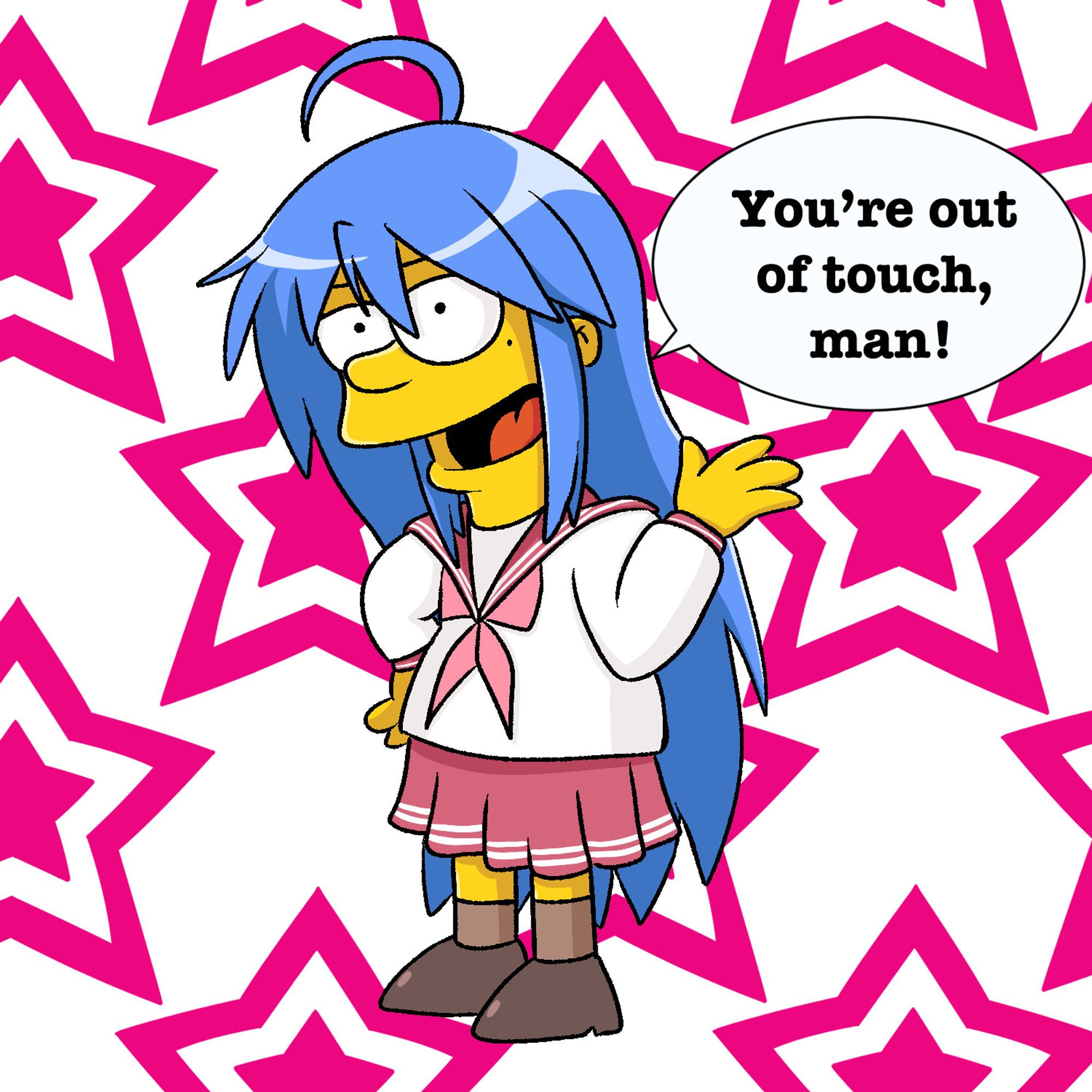 Bart Simpson dressed as Konata from Lucky Star saying "You're out of touch, man!"