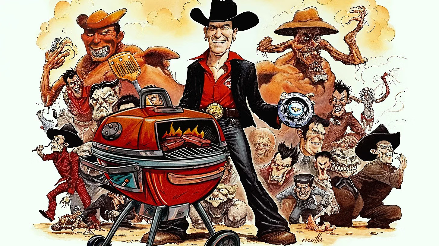 Cartoon art of Joe Bob Briggs and a whole host of monsters and mutants.