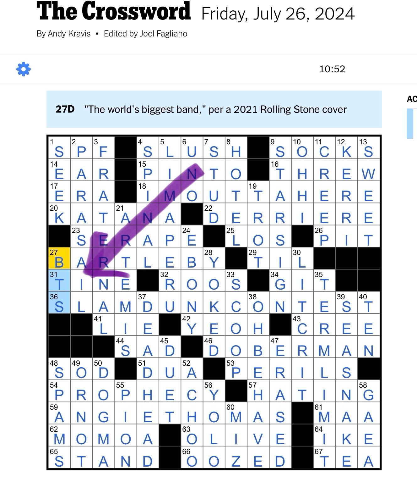 Screenshot of NYT crossword puzzle with the clue “the world’s biggest band” per a 2021 Rolling Stone cover and a purple arrow drawn to the answer: BTS