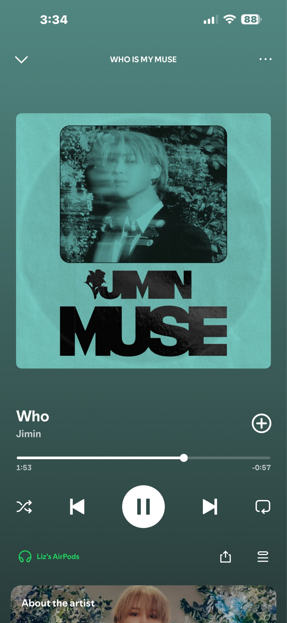 Screenshot of Jimin’s song Who from his newly released album Muse being played on Spotify