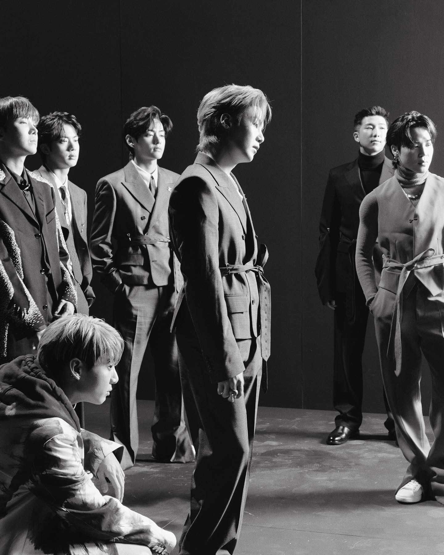 Black and white photo of BTS