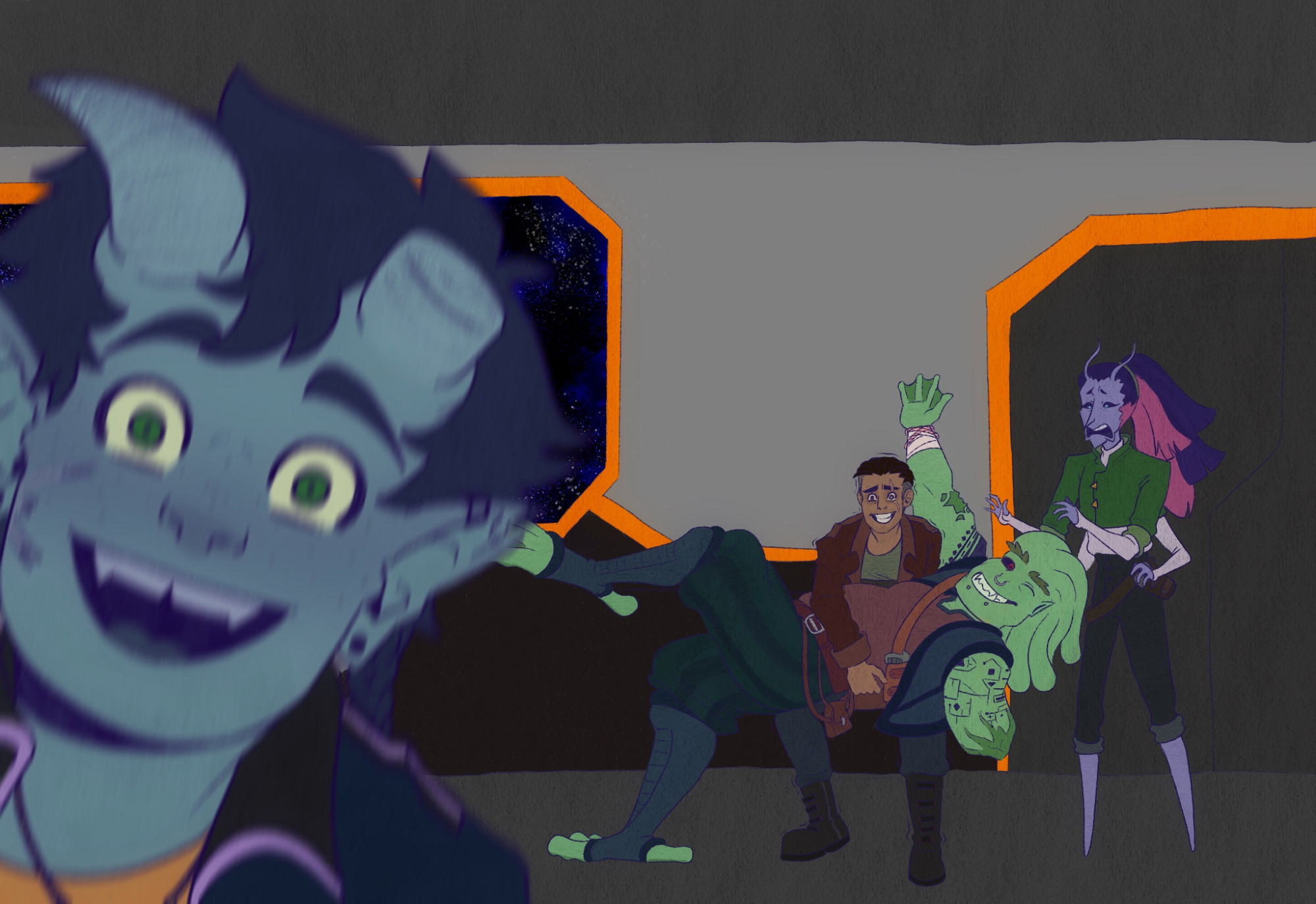 Meme redraw from lazytown. Simon in the front photobombing. Caleb is carrying Rynkor (a very large frog man) and struggling because Rynkor is a tall guy. Knux (a tall spindley purple lady) beside them both worried of an accident happening.