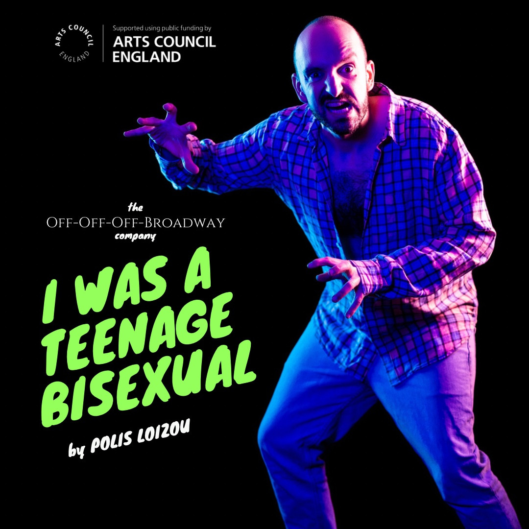 Poster image for “I Was A Teenage Bisexual”, with me posing in a plaid shirt and jeans like a Universal Monster.