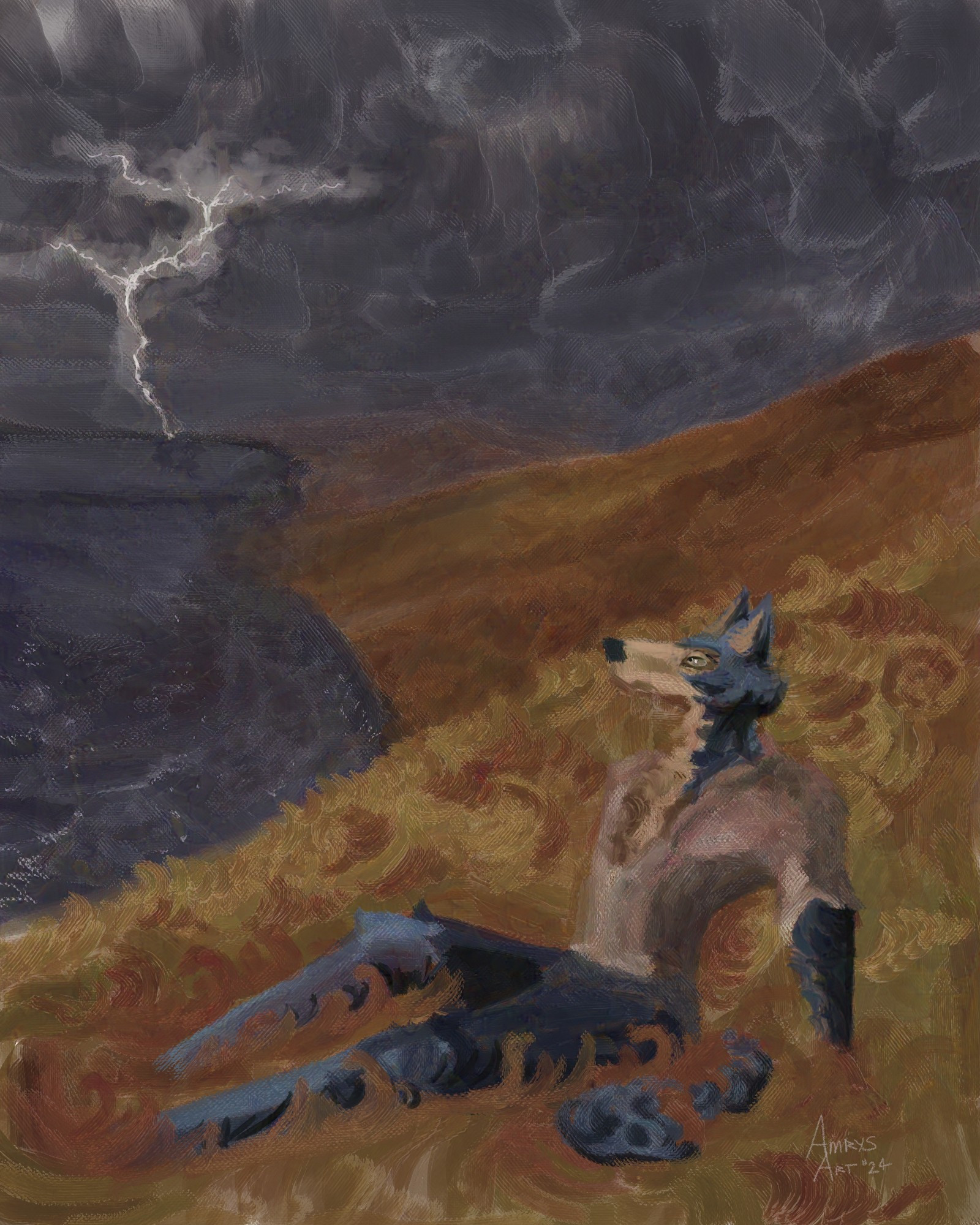 Legoshi the grey wolf; cliff by the ocean; storm; lightning.