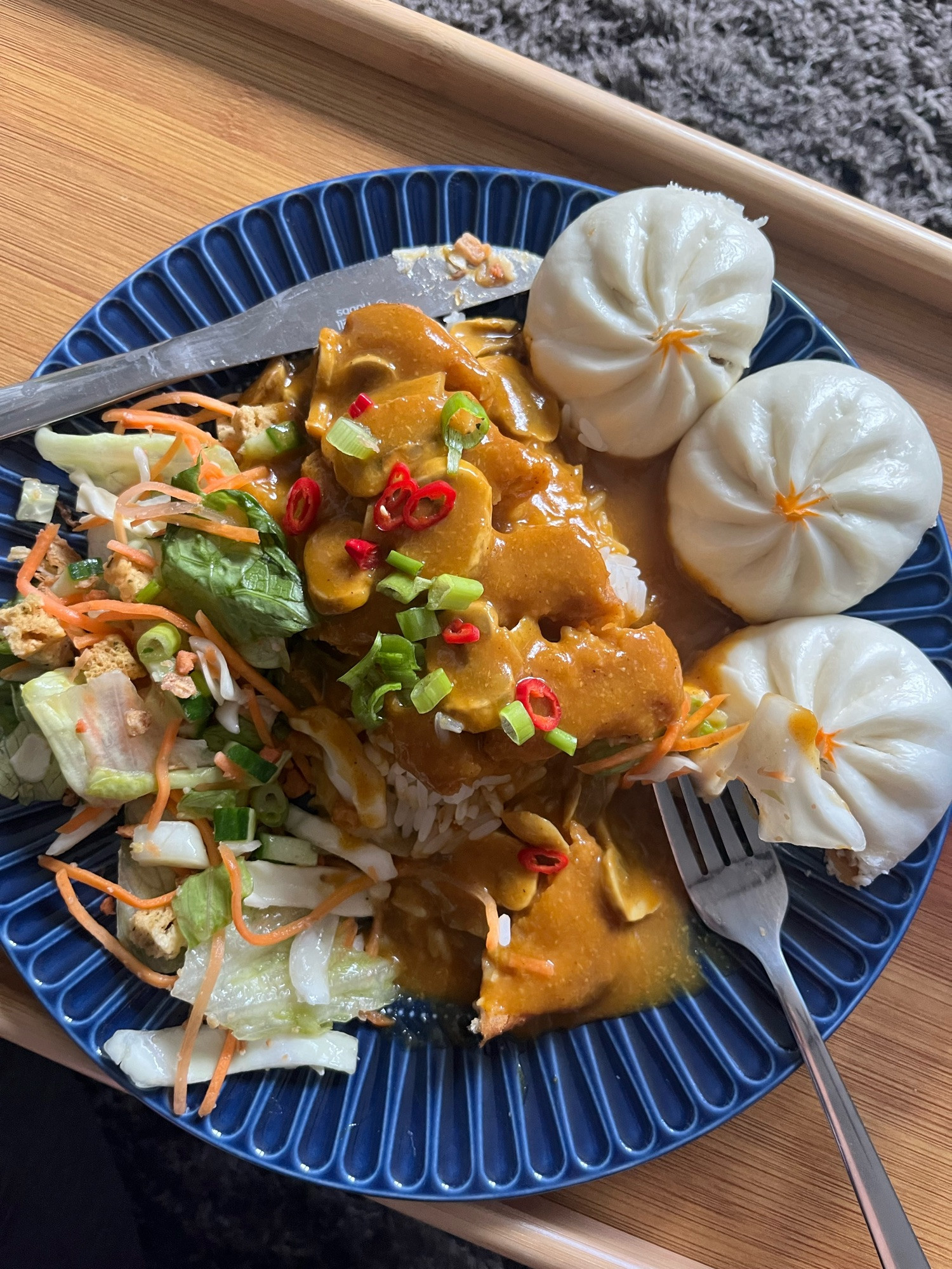 katsu chicken curry, salad and dumplings (not homemade)