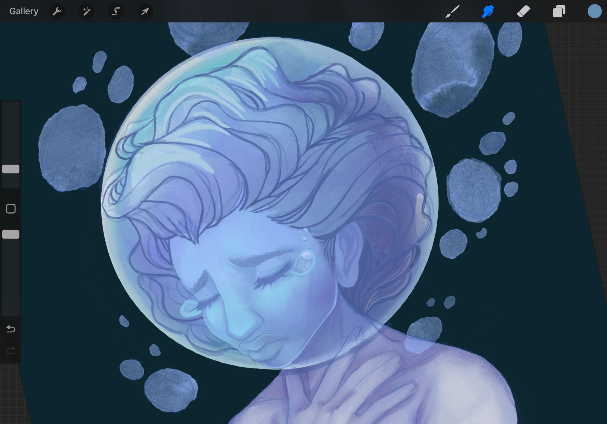 A work in progress painting of a girl inside a sphere of water.