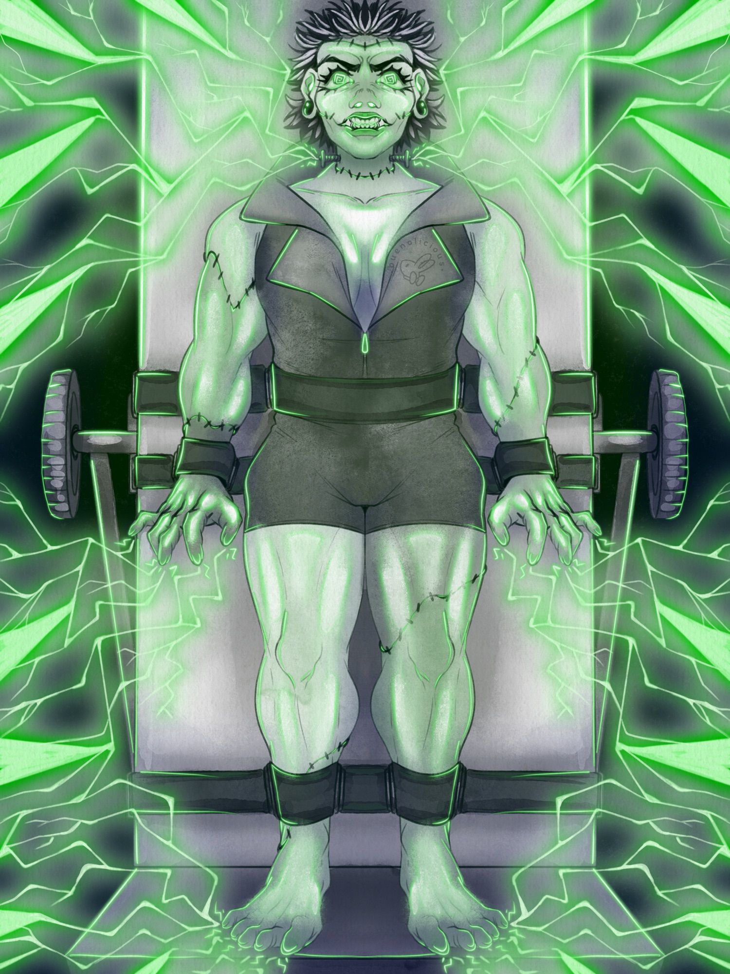 Digital painting of a big buff lady version of Frankenstein. She’s strapped down to the table. Clearly she just awoke from being stuck by lightenings. She does not look happy. . . her skin and everything around her glows from the large release of lightening spreading throughout her body.