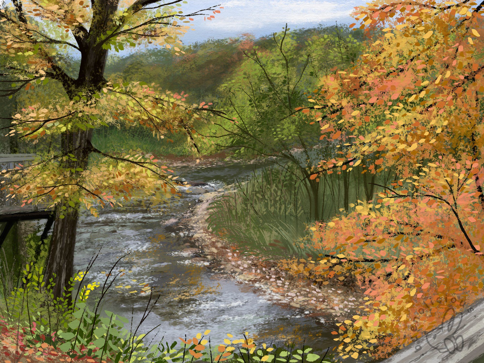 A landscape painting of a running creek surrounded by trees and various plants. The leaves are changing color clearly depicting Fall is here.