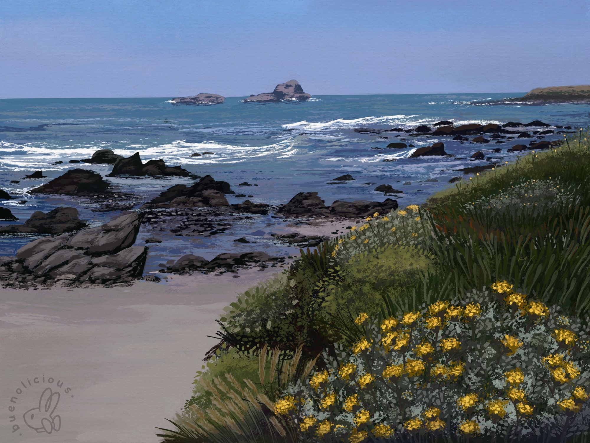 Landscape painting of an ocean/beach scenery. Waves softly rolling against the dark black rocks scattered along the shore. A lush field of various plants hang to the right of the painting over a bit of a cliff over the scene. In the distance is rocks and just blue sky along the horizon of a blue sea.