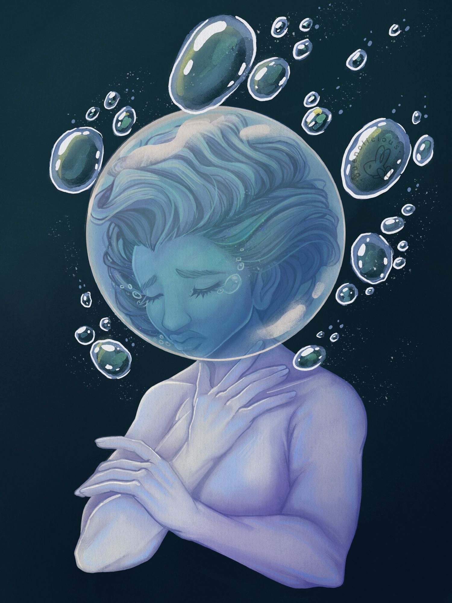 Painting of a girl with an orb of water around her head. Bubbles float around her and the orb. She seems like she’s sad and struggling.