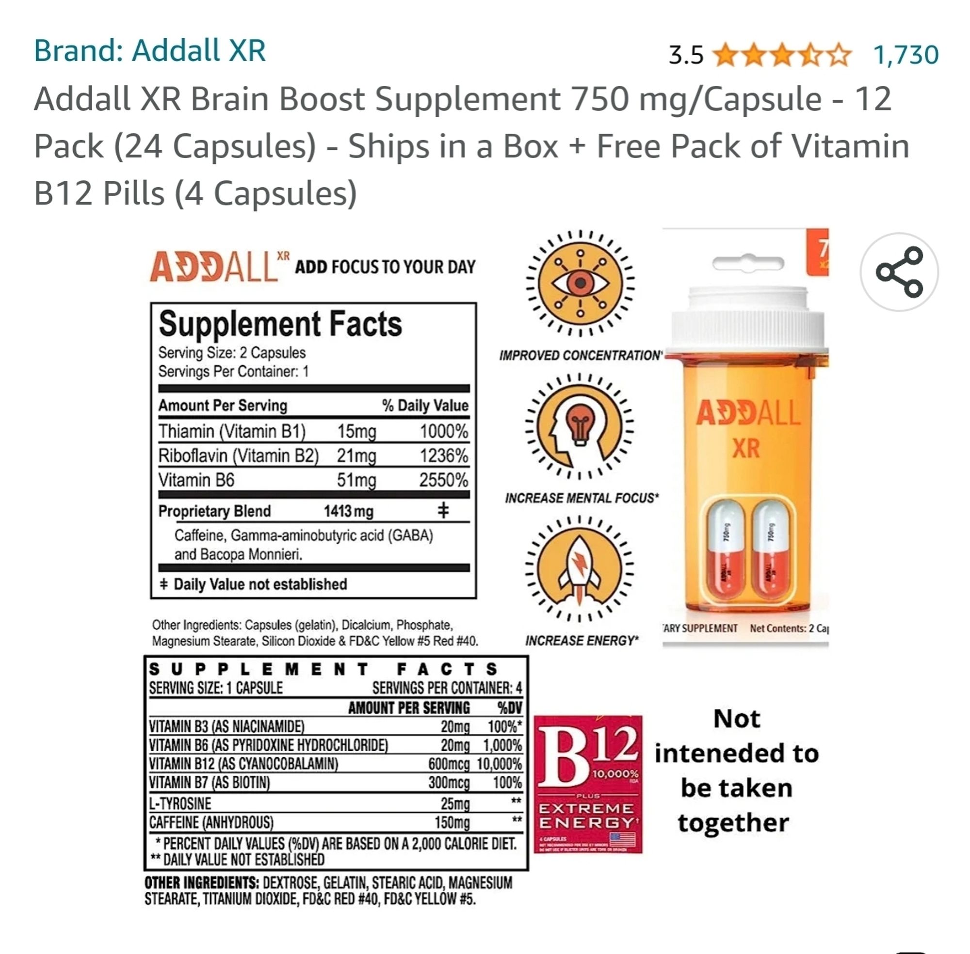 Screenshot of Supplemental Facts of Add-all brand supplements from Amazon listing. Ingredients contain Vitamins B1, B2, and B6, as well as a "propeitary blend" of Caffeine, GABA, and Bacopa Monnieri (the latter of which is a plant, also known as the Water Hyssop. It is often assigned unsubstantiated health benefits by many supplement brands).