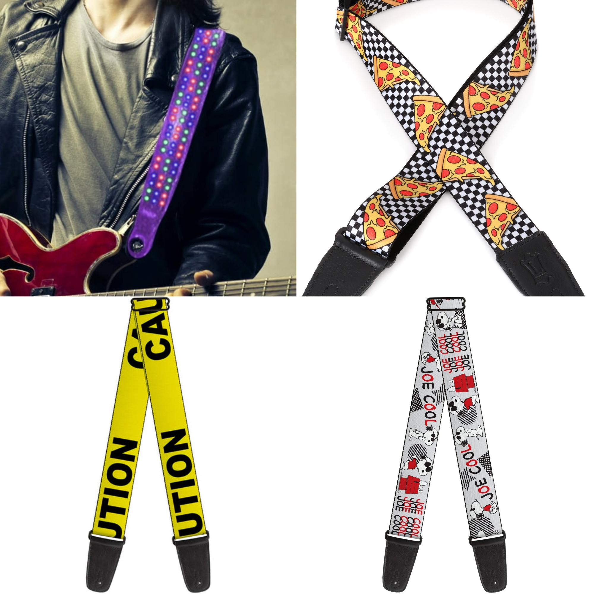 Four guitar straps. Illuminated, pizza, caution, Joe cool