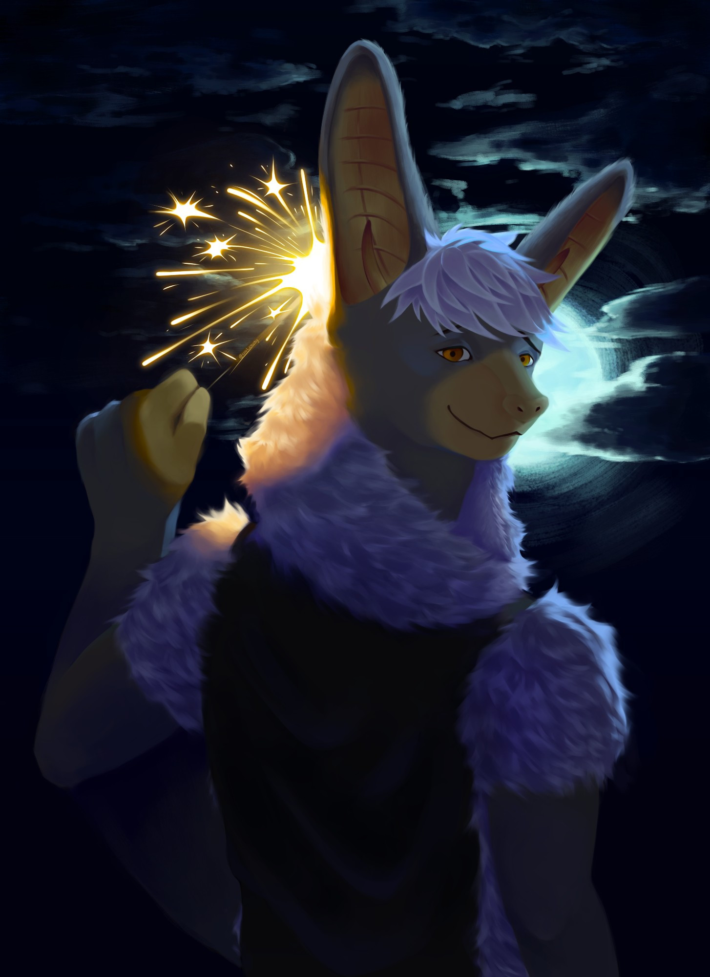 Micha (a character from the visual novel Echo) is holding a sparkler with his face looking behind his back. His face covers half of the moon in the background as moonlight shines making a glowing outter from the visual novel Echo) is holding a sparkler with his face looking behind his back. His face covers half of the moon in the background as moonlight shines making a glowing outline on his figure.