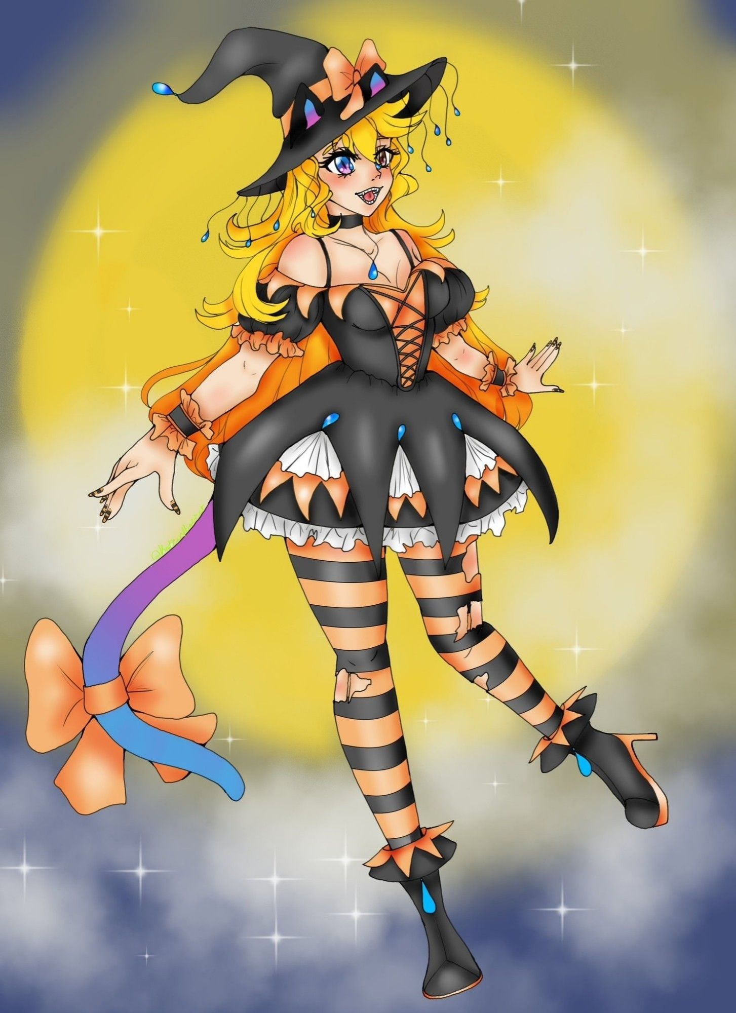 An image of Kit Khat, a digital catgirl Vtuber. She is wearing a black and orange witchy dress with frills, striped stockings, and a large witch hat. The outfit is accented with blue gems. She is smiling and standing in front of a full moon.