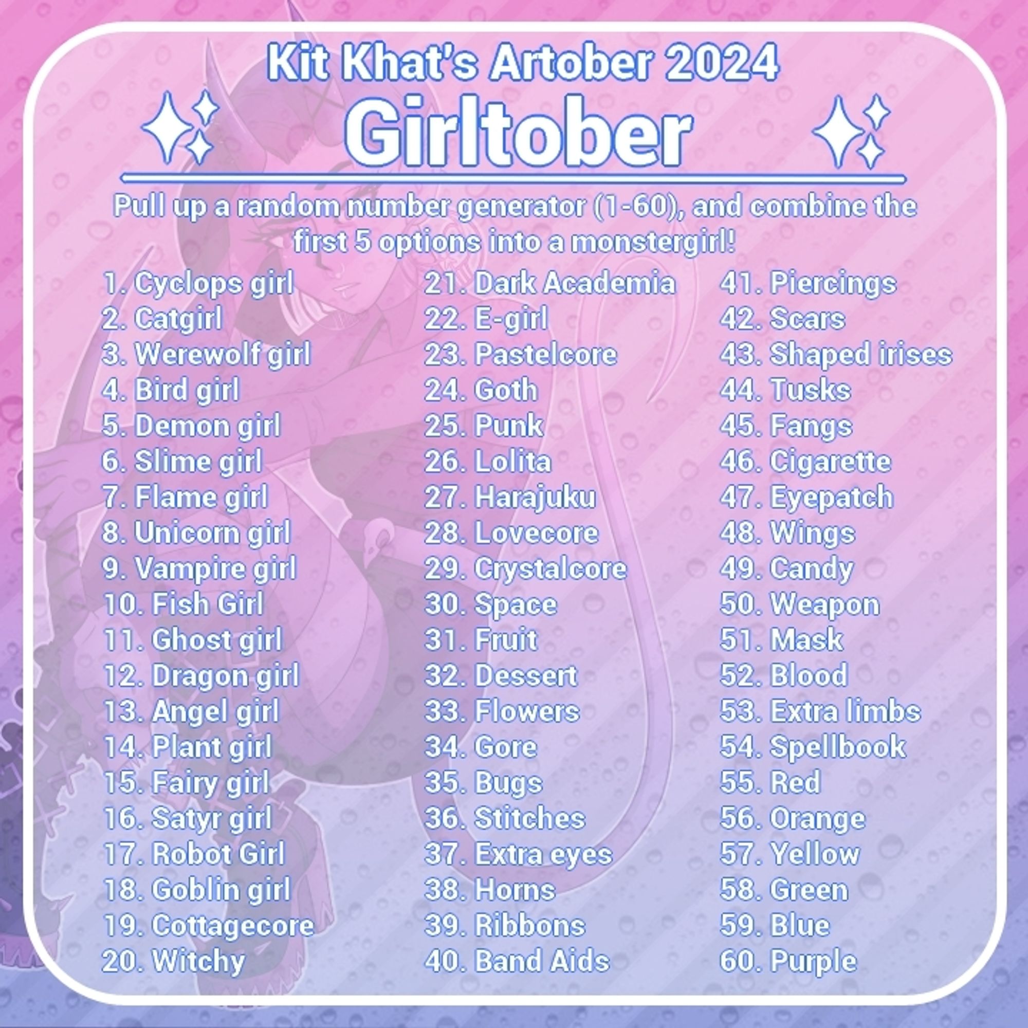 Text reads:
"Kit Khat's Artober 2024"
"Girltober"
"Pull up a random number generator (1-60), and combune the first 5 options into a monstergirl!"

A list of 60 traits and aesthetics is then listed. Please DM Kit Khat for the full list in text form.