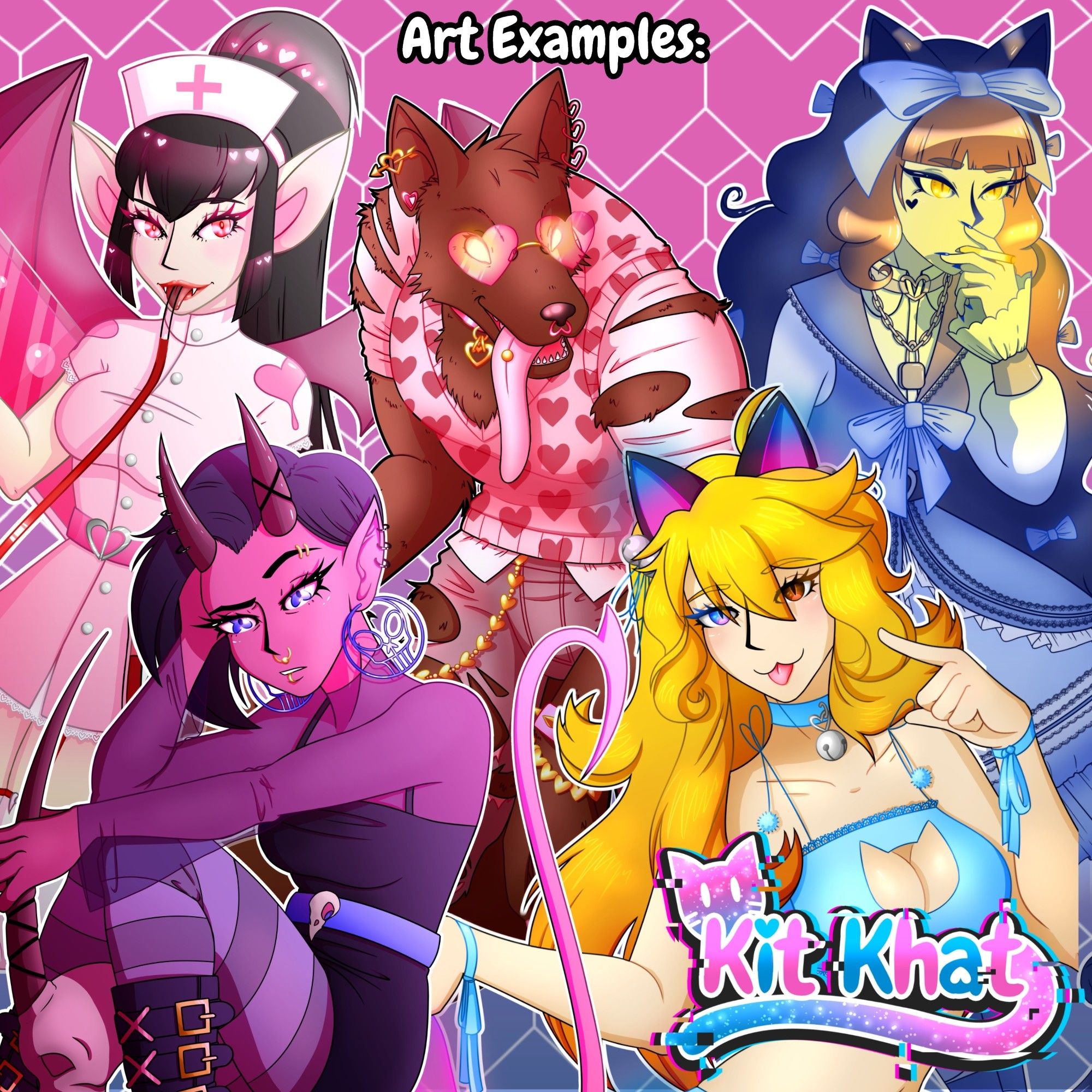 Art examples to show the quality of the prize. Among the characters shown are:
- A pink vampire nurse
- A lovecore werewolf
- A blue lolita catgirl smoking a cigarette
- A purple-pink demon girl with piercings
- A digital catgirl wearing blue lingerie