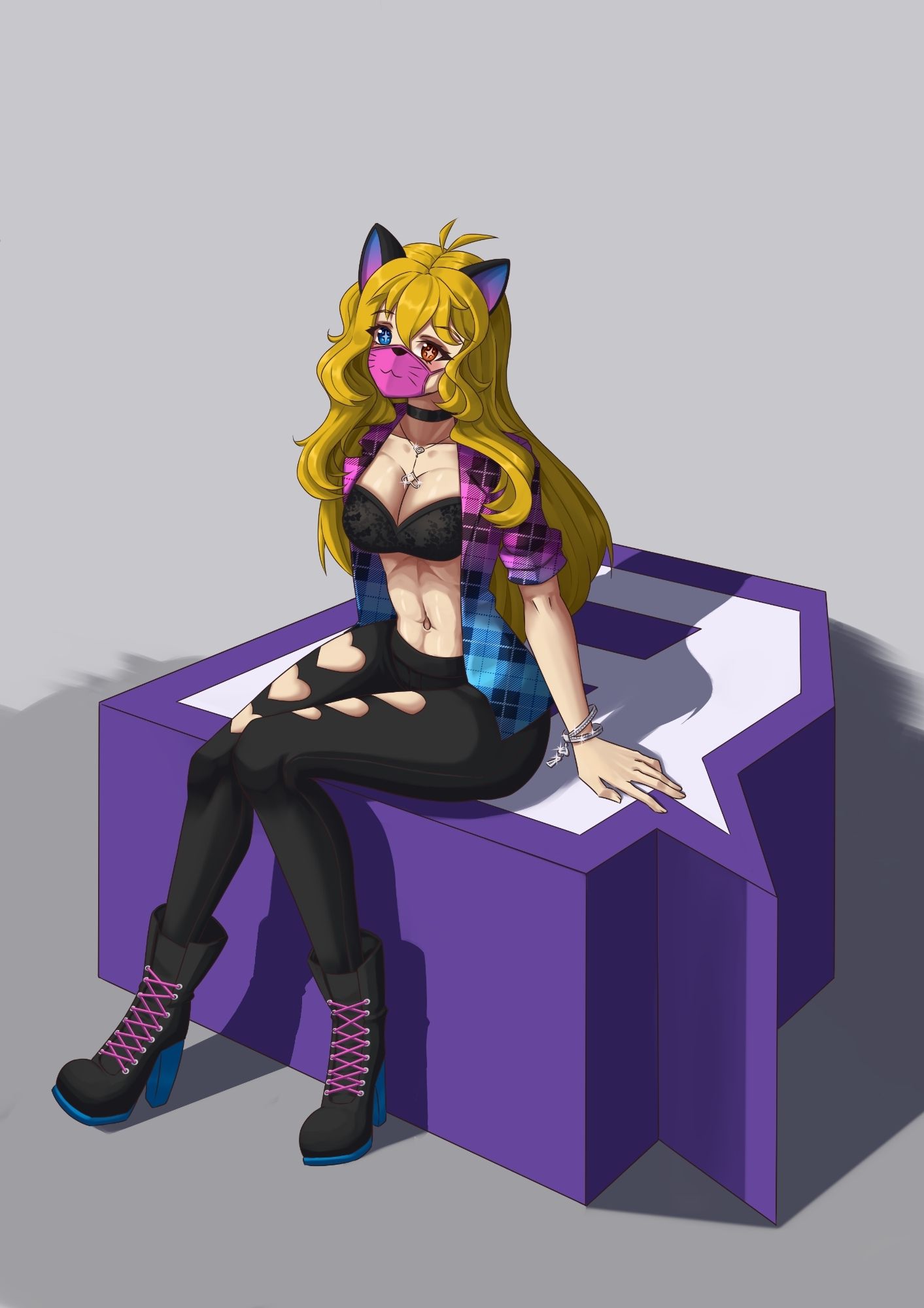 Art of Kit Khat, the digital catgirl Vtuber. She is sitting on a large render of the Twitch logo, looking up to the top left